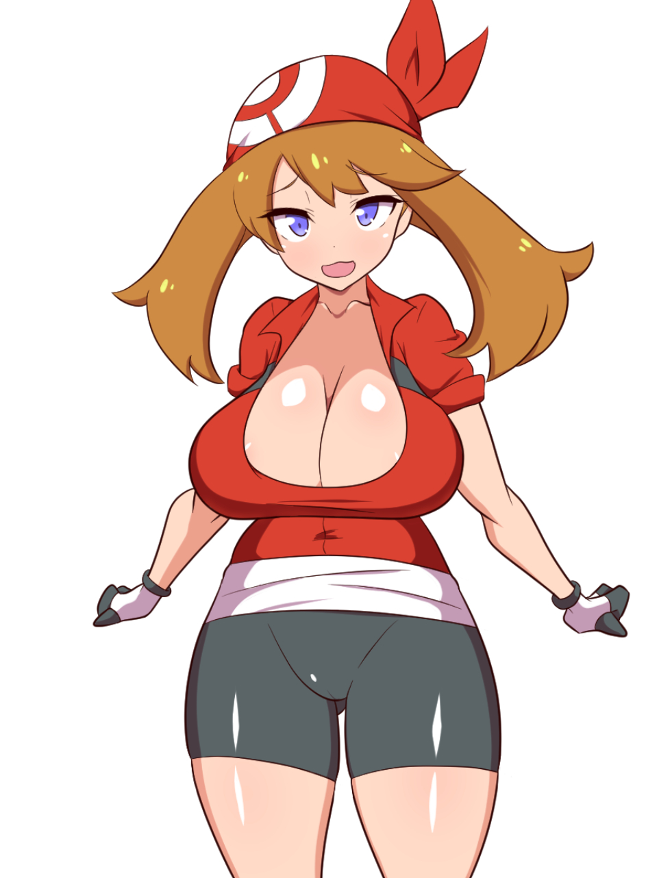 1girls, alternate eye color, big breasts, black shorts, breasts, brown hair, curvy figure, dd (artist), female, gloves, huge breasts, human, jpeg, large breasts, leggings, light skin, light-skinned female, may (pokemon), nintendo, pale skin, pale-skinned female, pokemon, pokemon rse, purple eyes, shiny skin, shorts, spandex, thick thighs, thighs, tight clothing, white background, wide hips