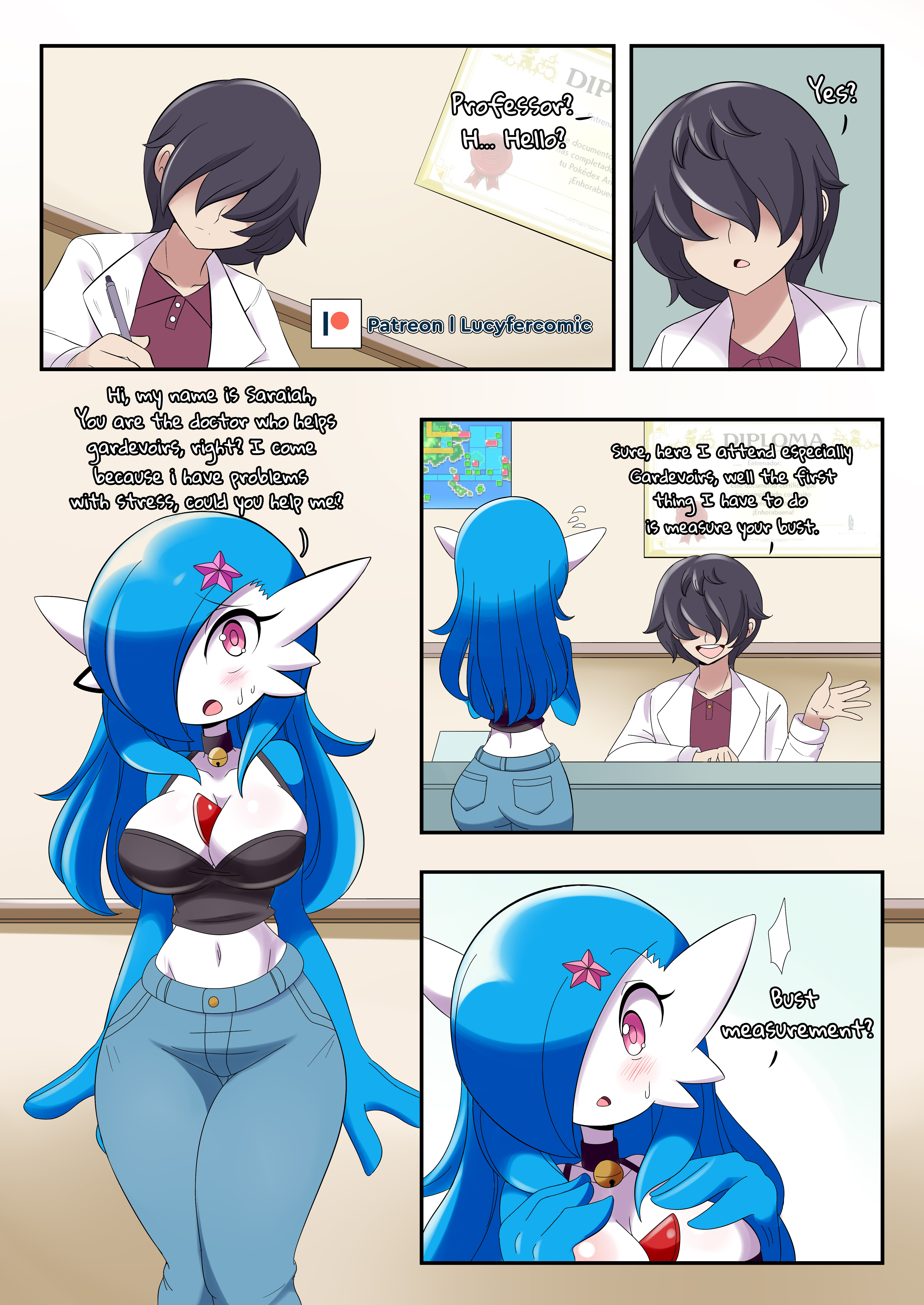 anthro, bell collar, blue hair, comic, female, gardevoir, jeans, lucyfercomic, nintendo, pink eyes, pokémon (species), pokemon, pokemon (species), pokemon rse, saraiah (heraldinthedark), tagme, text, the professor (lucyfercomic)