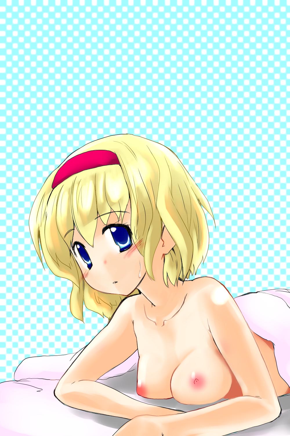 alice_margatroid bed blonde_hair blue_eyes blush breasts hairband highres nipples nude short_hair sweat takara_akihito touhou