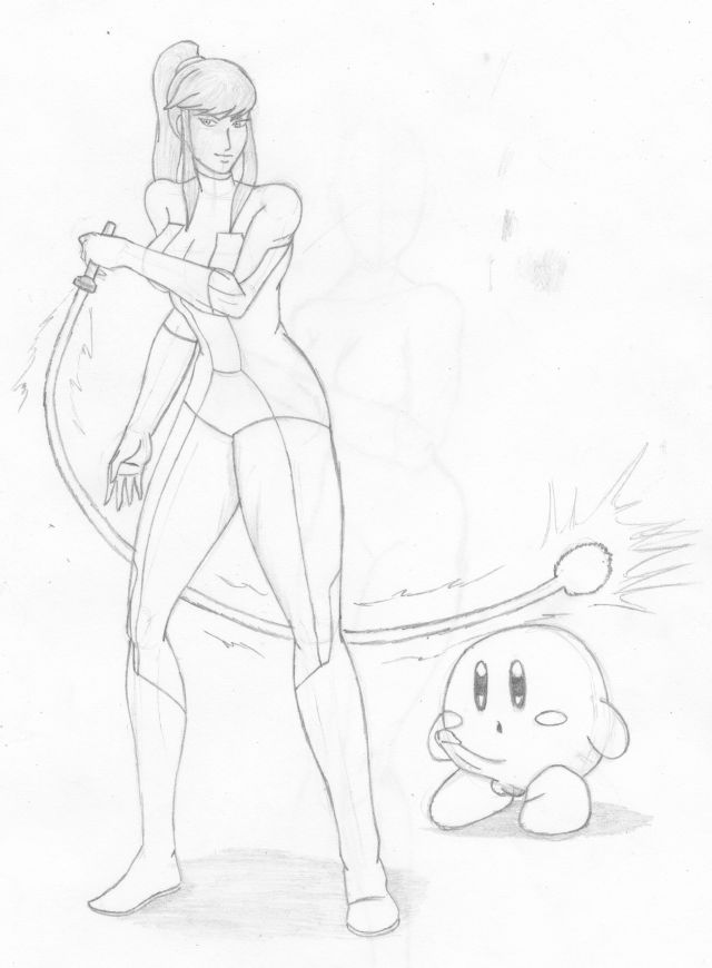 black_and_white blush_stickers dd64 female_focus kirby kirby_(series) metroid monochrome nintendo ponytail samus_aran sketch super_smash_bros. whip zero_suit