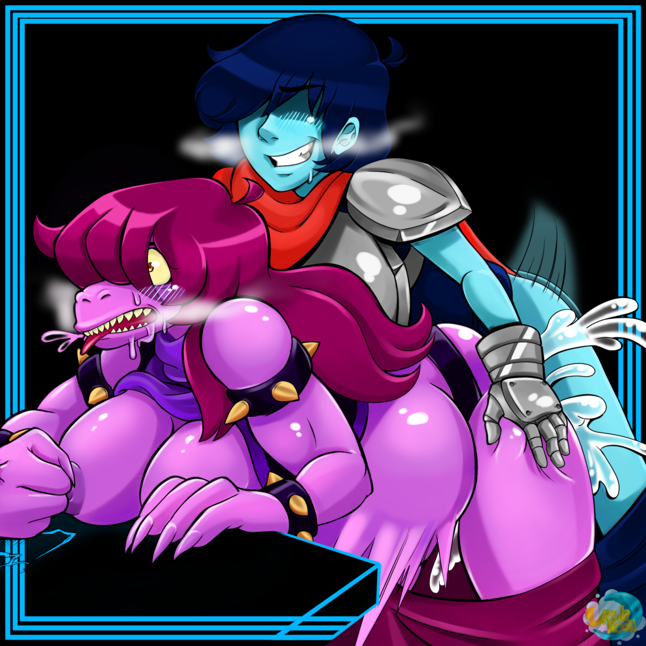 breasts, cum, deltarune, female, inflation, kris (deltarune), nipples, susie (deltarune), tagme, ursulamoon