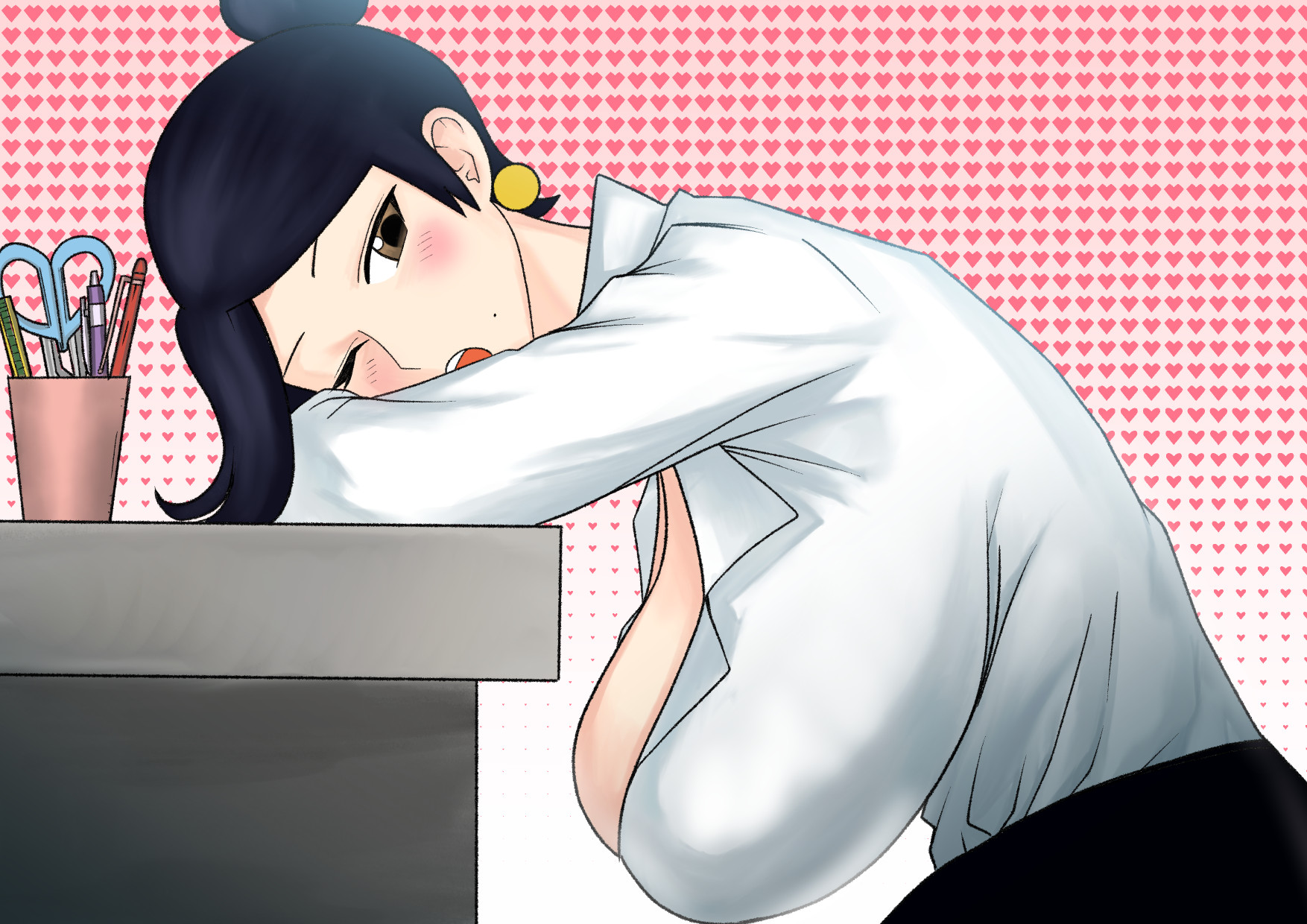 bijin onna joushi takizawa-san, black hair, blush, breasts, bursting breasts, cleavage, female, huge breasts, indoor, looking at viewer, mature, medium hair, milf, office lady, open mouth, sideboob, solo, sweat, sweatdrop, t-shirt, takizawa kyouko
