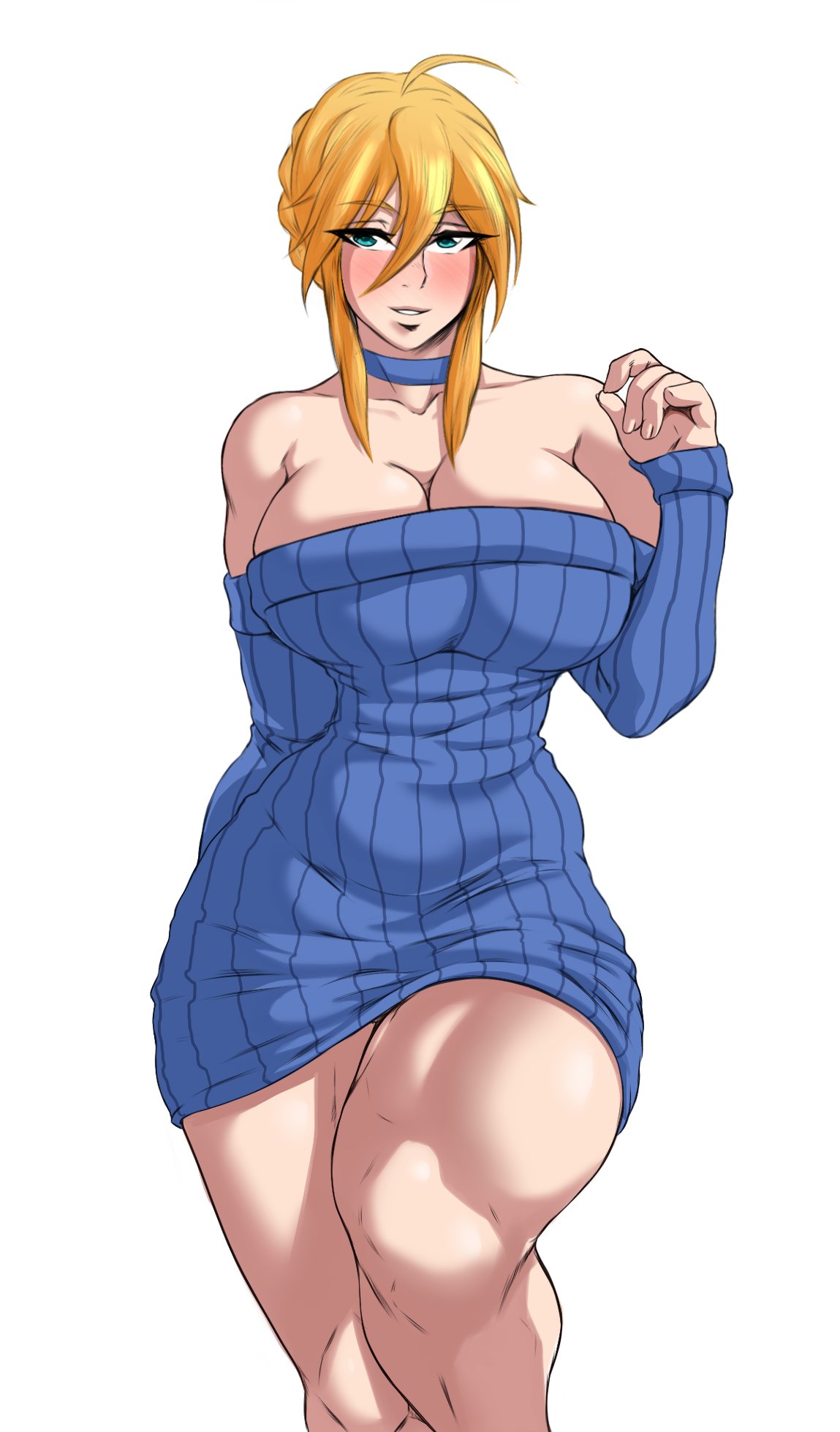1girls, artoria pendragon, artoria pendragon (lancer), big breasts, blush, breasts, cleavage, fate (series), fate/grand order, female, female only, large breasts, solo, thick thighs, vicsenpai