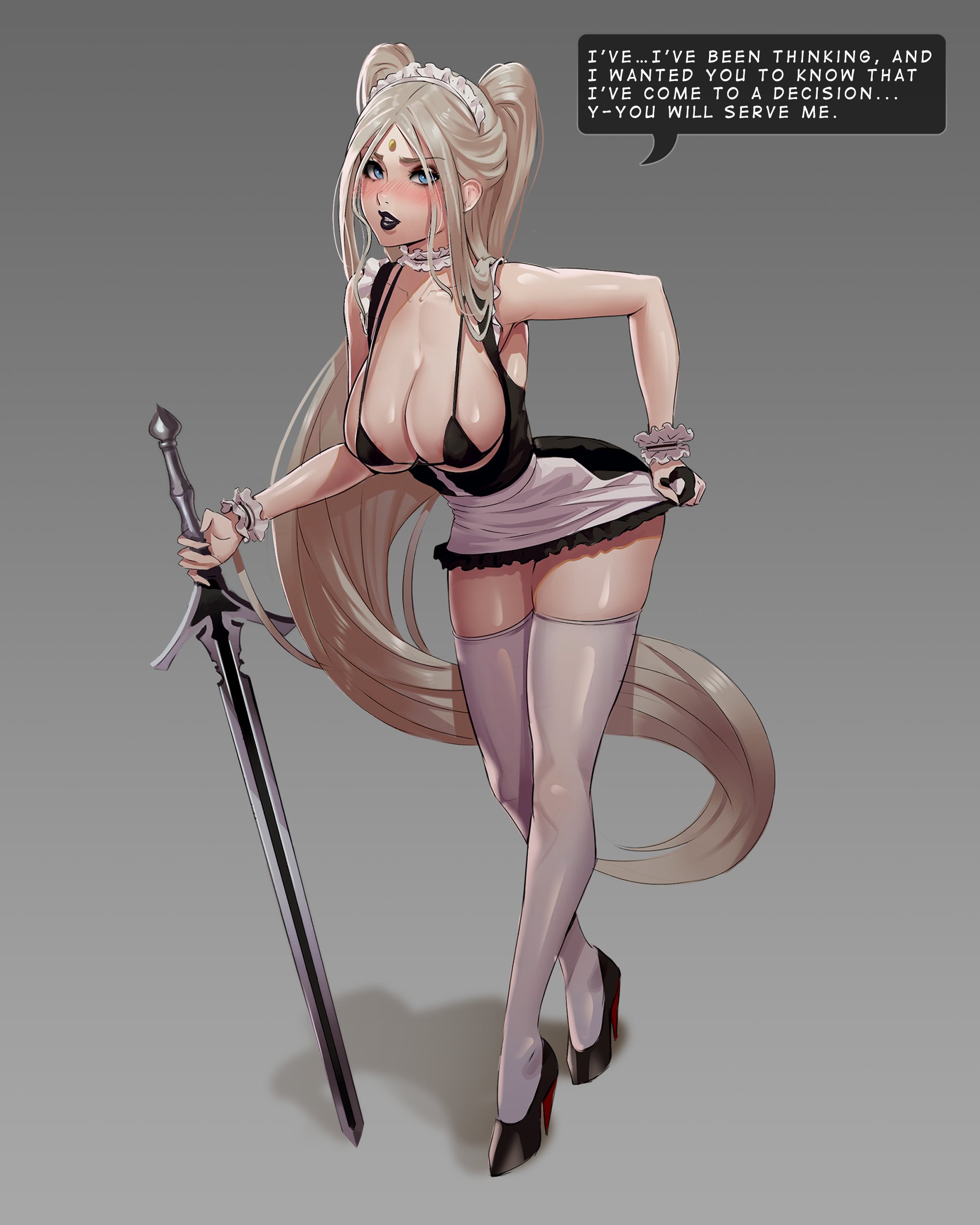 1girls, angelise reiter, big breasts, black lipstick, blush, bra, breasts, cleavage, english text, female, female only, final fantasy, final fantasy xiv, full body, fully clothed, high heels, inhoso, large breasts, lipstick, looking at viewer, maid, revealing clothes, skimpy clothes, solo, speech bubble, stockings, sword, text, thighhighs, very long hair, weapon