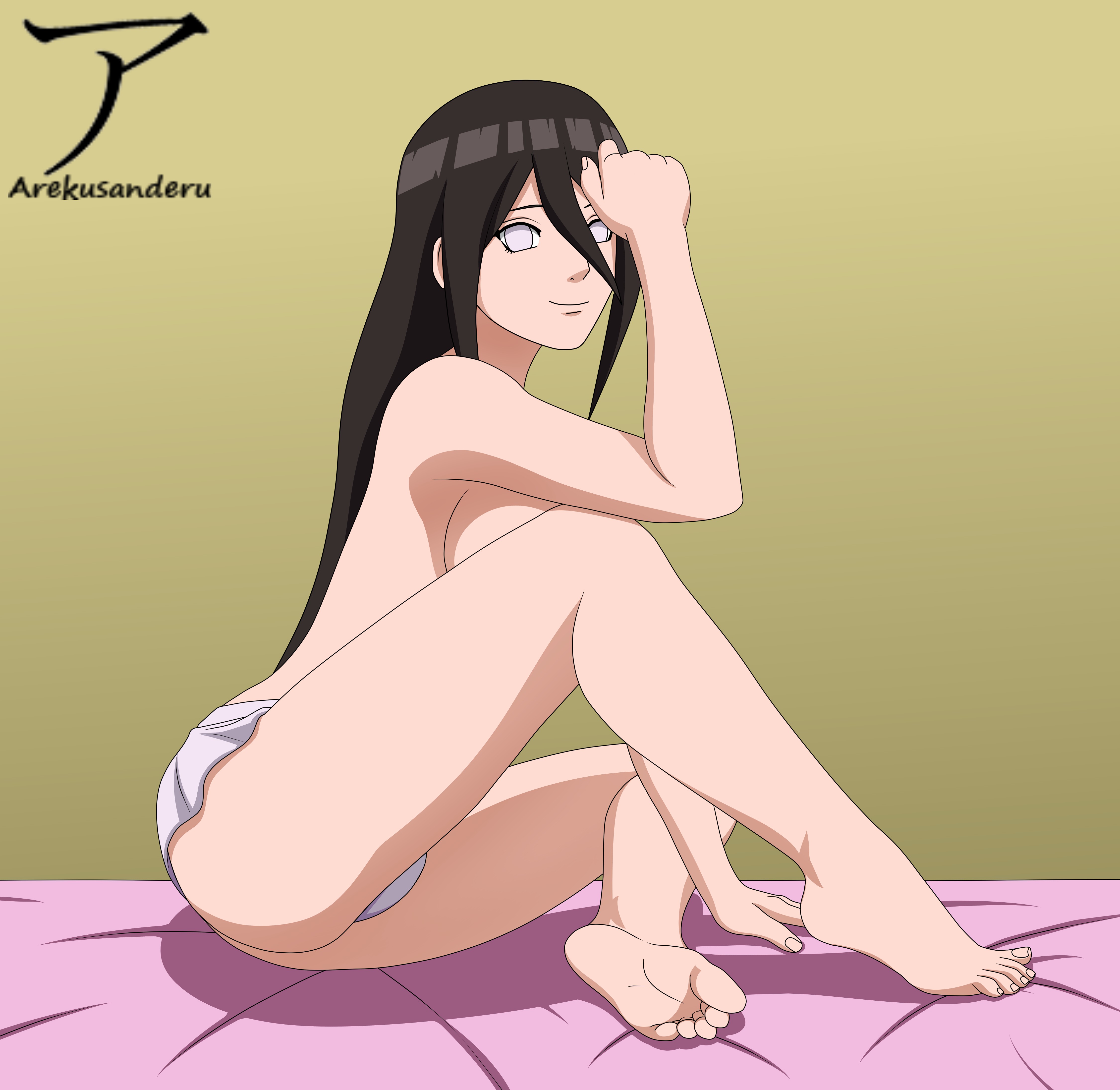 1girls, almost naked, arekusanderu, barefoot, barely clothed, big breasts, boruto: naruto next generations, breasts, brown hair, convenient leg, feet, female, female only, hyuuga hanabi, lavender eyes, long hair, looking at viewer, miniskirt, mostly nude, naruto, naruto (series), no bra, panties, sideboob, sitting, sitting on bed, skirt, smile, soles, solo, solo focus, toes, topless, very long hair