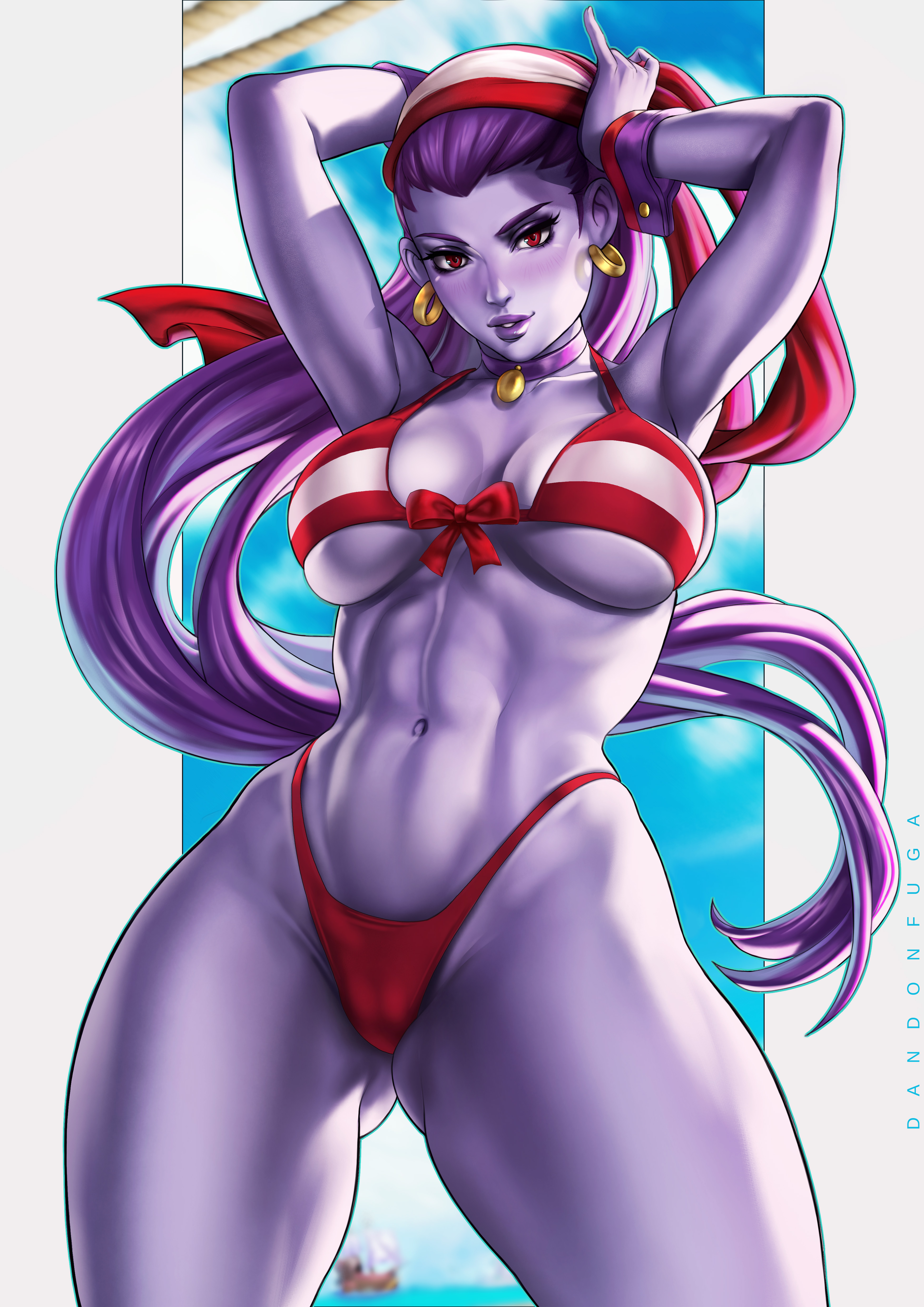 1girls, abs, big breasts, bikini, breasts, clothed, dandon fuga, female, female only, large breasts, long hair, looking at viewer, purple hair, purple skin, red eyes, risky boots, shantae, smooth skin, solo, standing, toned, toned female, underboob