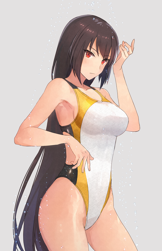 1girls breasts brown_hair female kantai_collection kasumi_(skchkko) legs long_hair looking_at_viewer nagato_(kantai_collection) red_eyes swimsuit thighs water wet