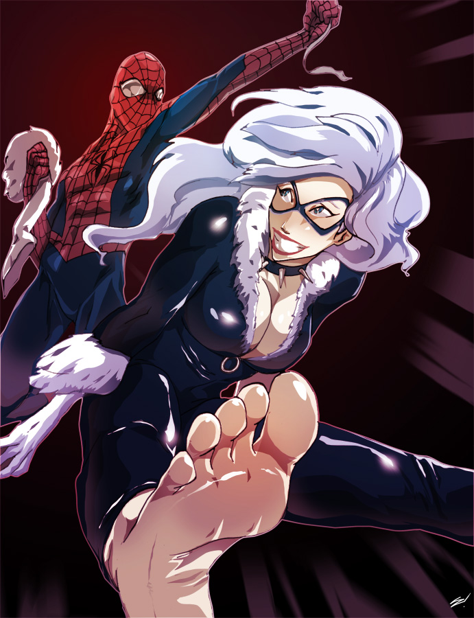 barefoot black_cat_(marvel) breasts cleavage duo feet felicia_hardy female male marvel peter_parker scamwich soles spider-man spider-man_(series) straight_hair toes