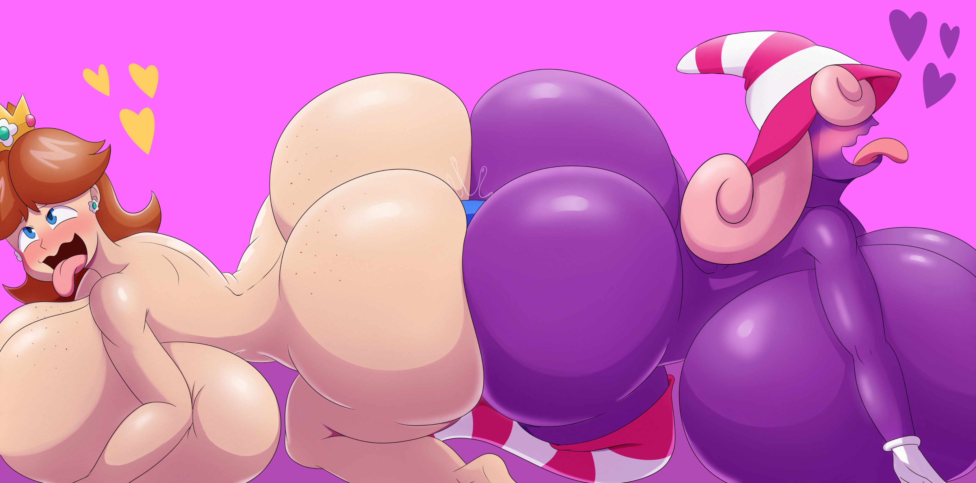 2girls, alternate ass size, alternate body type, alternate breast size, ambiguous penetration, ass, blue eyes, blush, breasts, breasts bigger than head, brown hair, dildo, dildo penetration, female, female only, hyper, hyper ass, hyper breasts, light skin, light-skinned female, mario (series), mechspazer, multiple females, multiple girls, nintendo, pale skin, pale-skinned female, paper mario, paper mario: the thousand-year door, pink hair, princess daisy, purple skin, super mario bros., vivian (paper mario), yuri