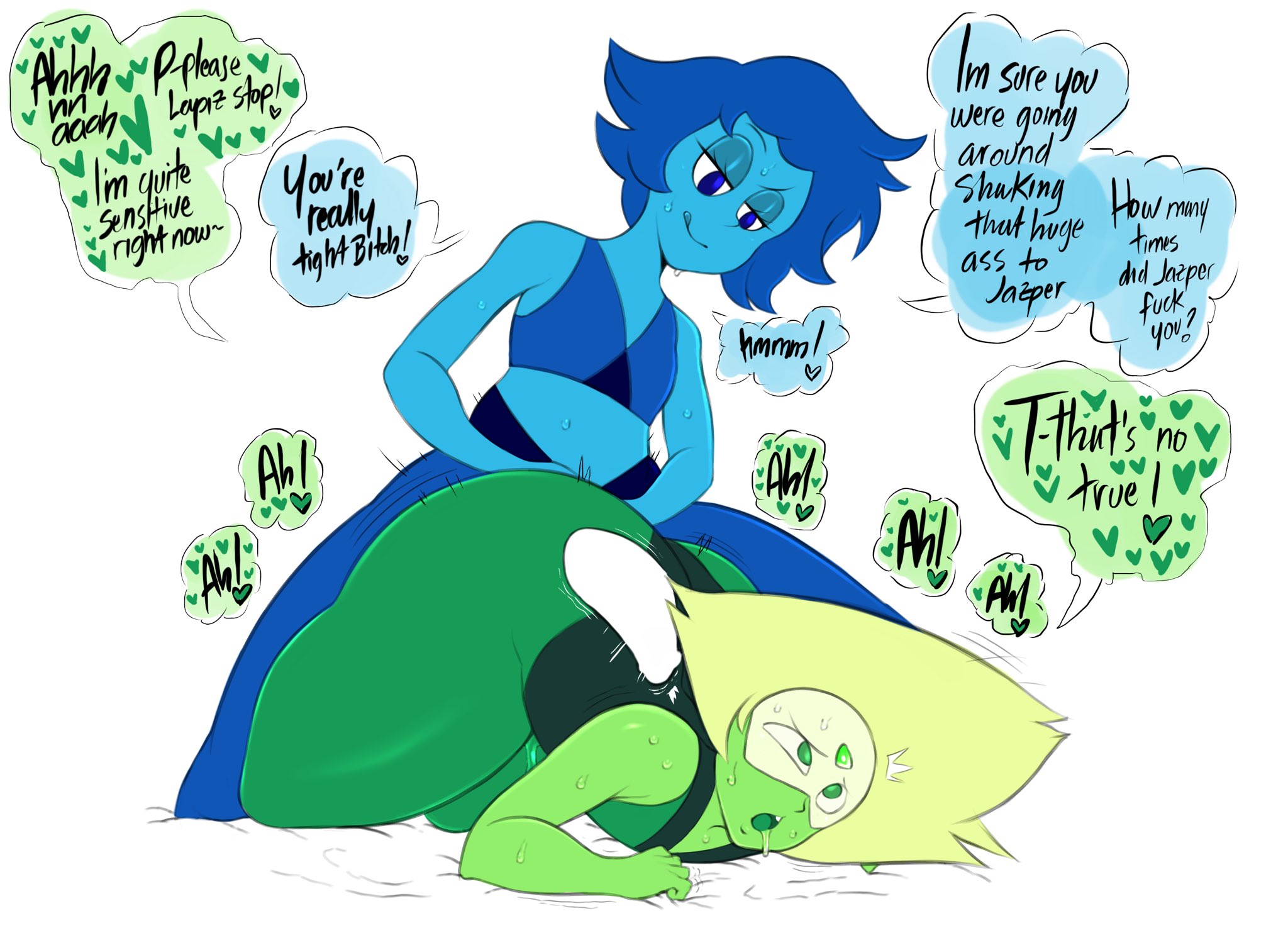 1futa, 1girls, ahe gao, ambiguous penetration, ass, big ass, blue eyes, blue hair, blue skin, crossed arms, dialogue, face down ass up, female, femsub, futa on female, futadom, futanari, gem (species), green eyes, green skin, half-closed eyes, huge ass, huge thighs, intersex, lapis lazuli (steven universe), looking pleasured, peridot (steven universe), saltyxodium, shortstack, speech bubble, steven universe, sweat, text, thick thighs, x-ray, yellow hair