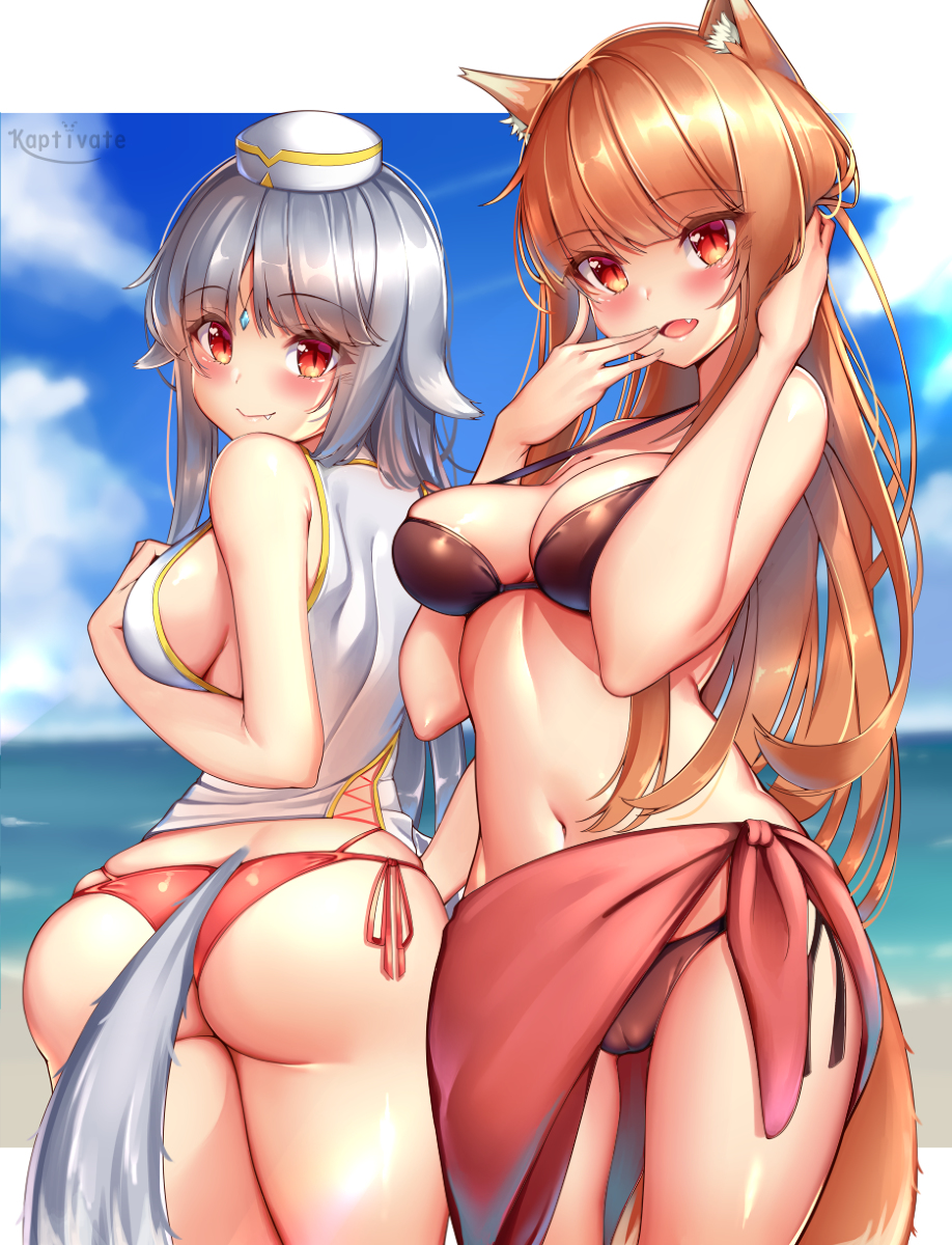 2girls big_breasts bikini blush breasts brown_eyes brown_hair cleavage clothing cute_fangs female female_only grey_hair hands_behind_head happy holo huge_breasts kaptivate kemonomimi large_breasts long_hair looking_at_viewer mother_and_daughter multiple_girls myuri_(spice_and_wolf) nanashi open_mouth panties parent_and_child pussy sideboob spice_and_wolf swimsuit tail thick thick_ass thick_thighs thighs topwear touching_breast