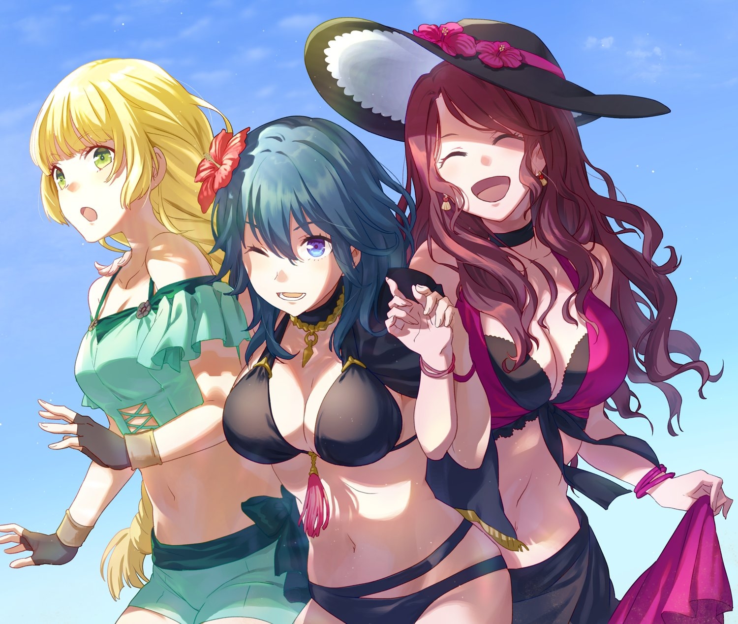 3girls, asao (vc), belly, big breasts, bikini, bikini shorts, black bikini, black swimsuit, blonde hair, blue eyes, blue sky, breast size difference, breasts, brown hair, byleth (fire emblem), byleth (fire emblem) (female), cleavage, closed eyes, dorothea arnault, dorothea arnault (summer), female, female only, fingerless gloves, fire emblem, fire emblem heroes, fire emblem: three houses, flower, flower in hair, front view, front-tie bikini, front-tie top, gloves, green eyes, hair flower, happy, hat, human, human only, ingrid brandl galatea, ingrid brandl galatea (summer), large breasts, long hair, medium breasts, midriff, multiple females, multiple girls, navel, nintendo, open smile, sarong, sky, smile, smiling, stomach, sun hat, sunny, swimsuit, teal hair, upper body, wholesome