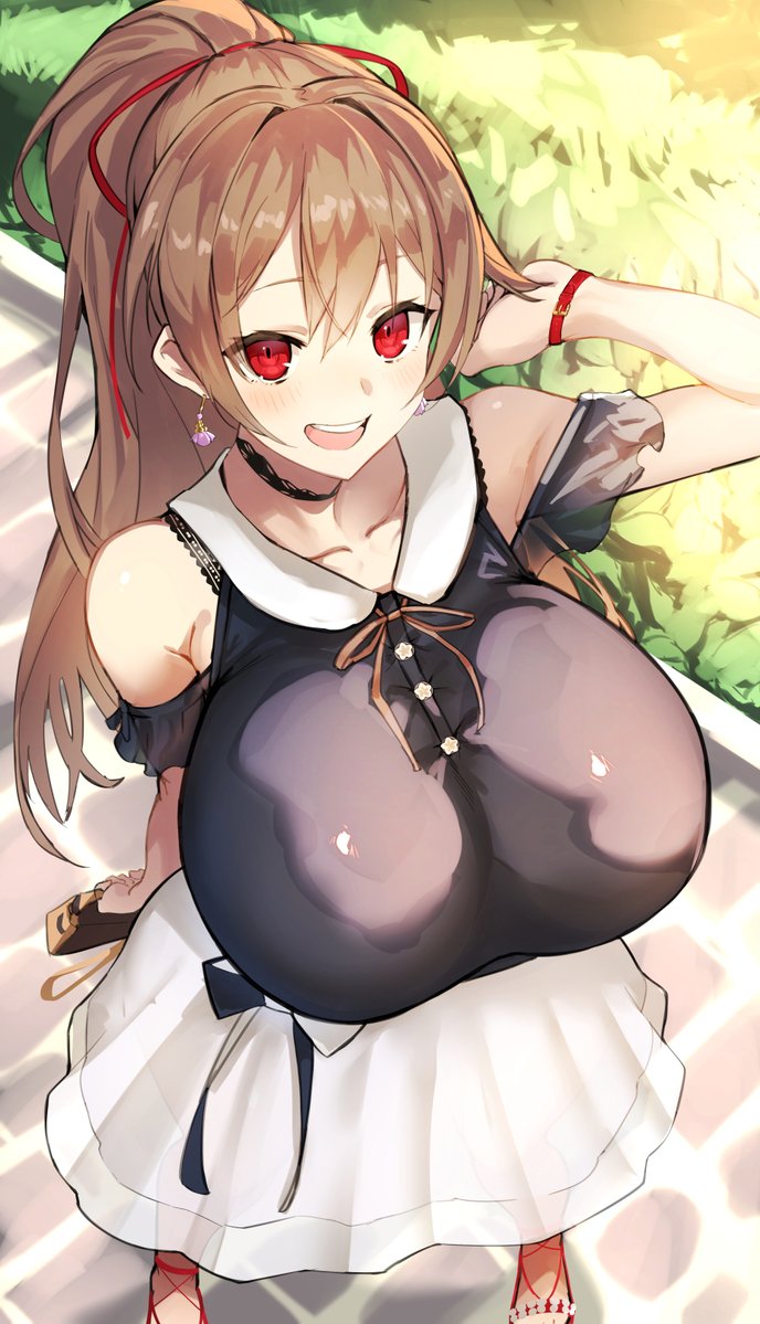 big_breasts brown_hair choker dress earrings fully_clothed furen_e_lustario hair_ribbon huge_breasts looking_at_viewer nijisanji nuezou open_mouth pale-skinned_female pale_skin ponytail red_eyes virtual_youtuber