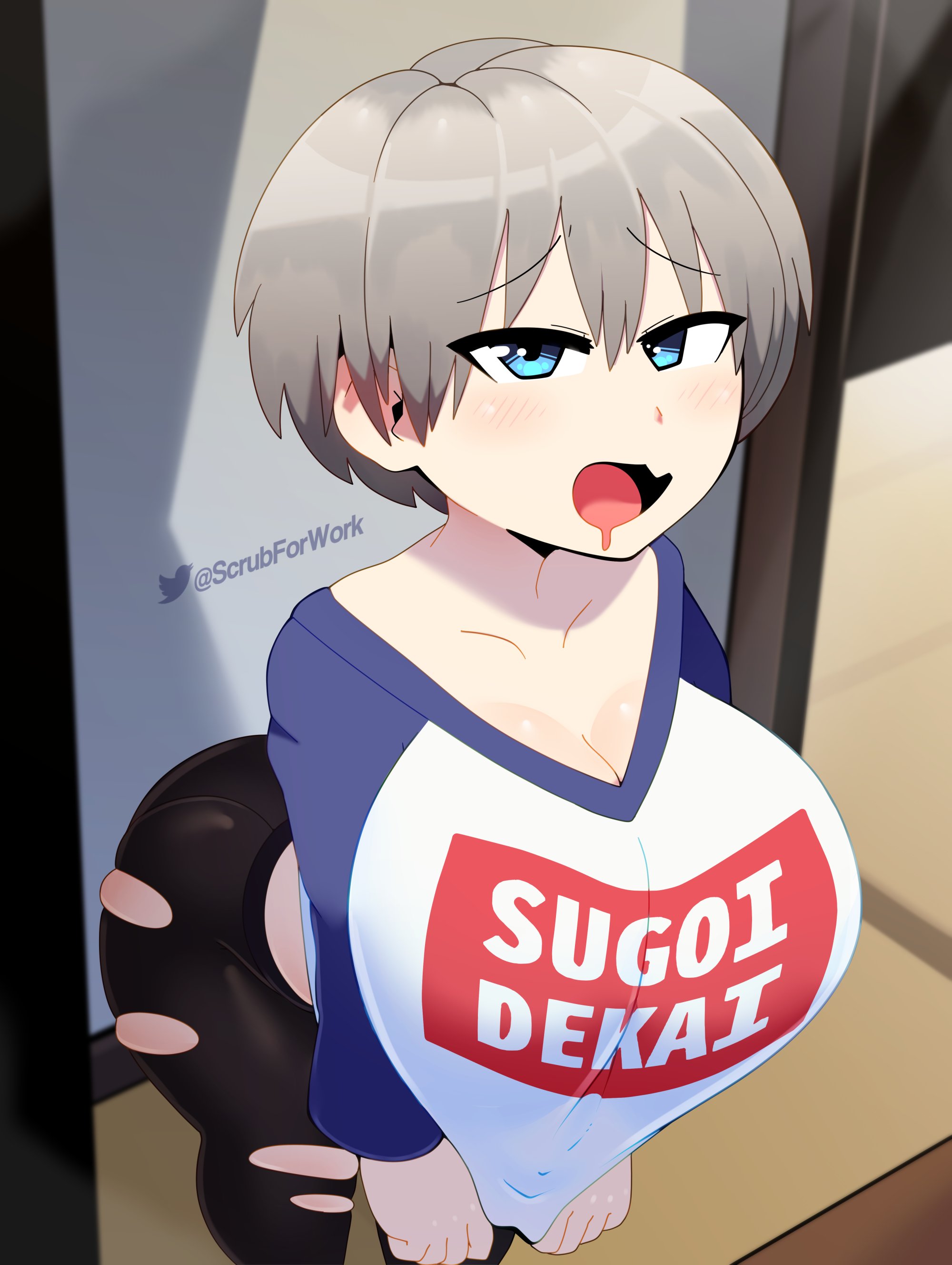 1girls, big breasts, blush, breasts, cleavage, female, female only, large breasts, open mouth, pantylines, solo, somescrub, uzaki hana, uzaki-chan wa asobitai!