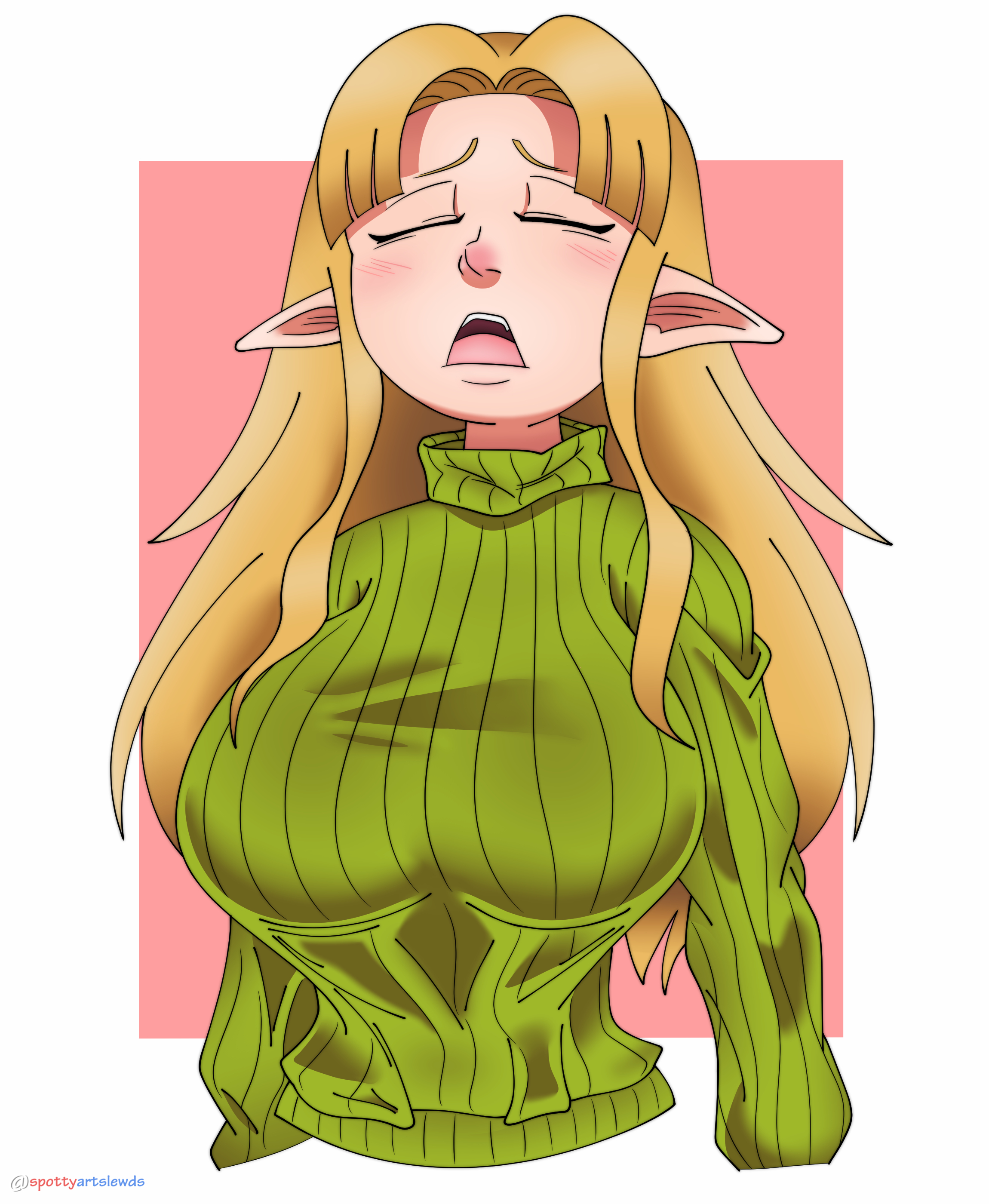 blonde hair, blush, closed eyes, clothing, female, female only, nintendo, open mouth, princess zelda, sneeze, solo, spottyartslewd, sweater, the legend of zelda, zelda (a link between worlds)