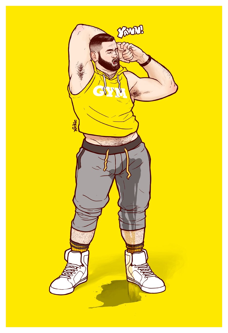 1boy, arm behind head, arm hair, armpit hair, clothed, eyes closed, facial hair, leg hair, looking to the side, male, male only, nickie charles, peeing, peeing self, pubic hair, sleeveless shirt, solo, urinating, urinating male, urination, urine, urine on legs, urine on self, urine pool, urine puddle, wetting, yawning