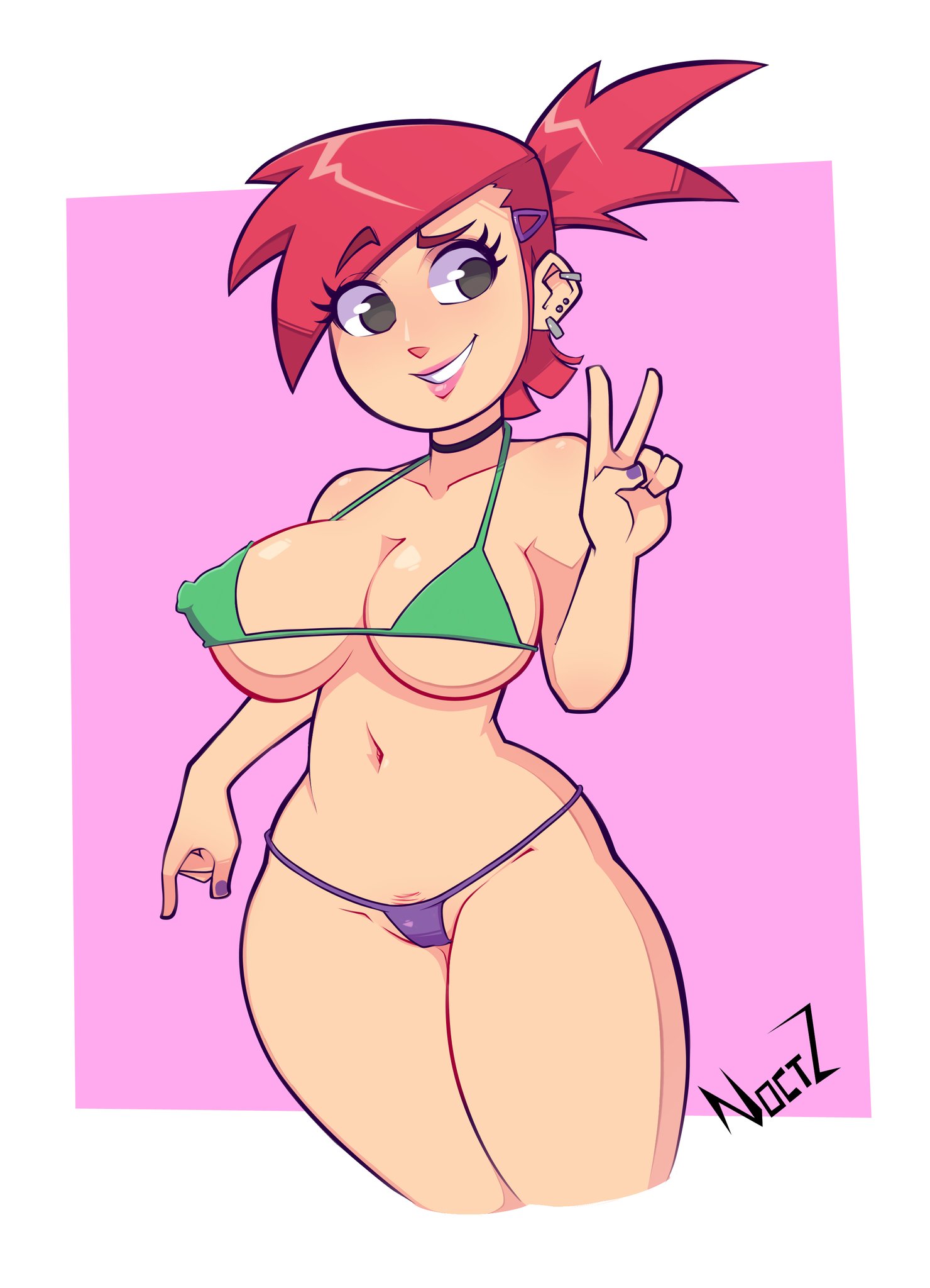 1girls, absurdres, alternate version available, babysitter, bikini, black choker, briefs, cartoon network, choker, cleavage, cute, ear piercings, female, female only, foster's home for imaginary friends, frankie foster, green bra, hair clip, hair tied, high resolution, highres, hourglass figure, mature female, micro bikini, multiple earrings, nipple bulge, nipples bulge, noctz, peace sign, pink background, pink lipstick, posing, purple g-string, purple nails, red hair, shiny hair, simple background, slim waist, small mouth, smiling, solo, standing, string bikini, thick thighs, twitter, white frame
