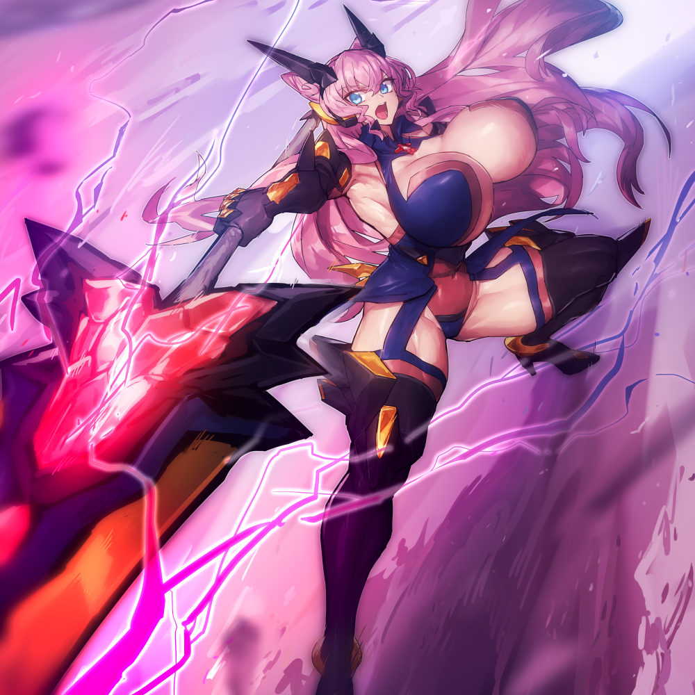 big breasts, blue eyes, breasts, cat ears, curvy, female, huge breasts, long hair, maria cadenzavna eve, melon22, muscular, muscular female, muscular thighs, open mouth, original, pink hair, senki zesshou symphogear, thick thighs, weapon, yelling