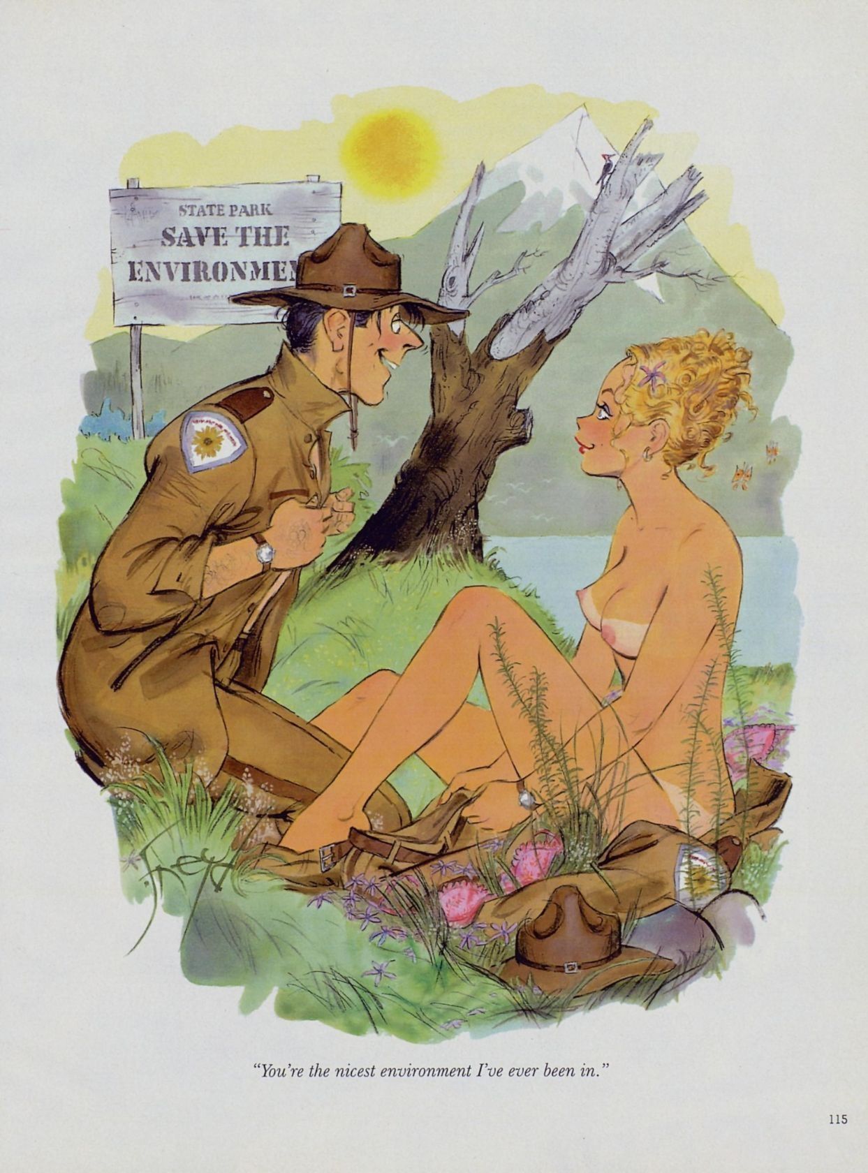 blonde_hair breasts clothed_male_nude_female colored dialogue doug_sneyd exhibitionism humor imminent_sex nipples nude outdoors page_115 park_ranger protest public straight tan tanline text traditional_art traditional_media_(artwork) undressing wholesome