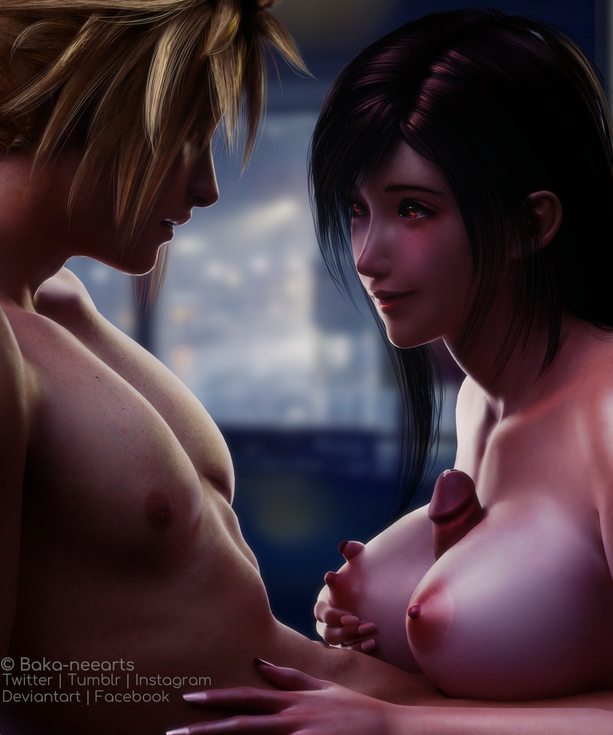 1boy, 1girls, 3d, areolae, blonde hair, breasts, brown hair, cloud strife, cum, erect nipples, eye contact, female, final fantasy, final fantasy vii, final fantasy vii remake, male, nipples, nude, nude female, outercourse, paizuri, pale skin, penis, precum, red eyes, ria-neearts, romantic, smile, square enix, tifa lockhart