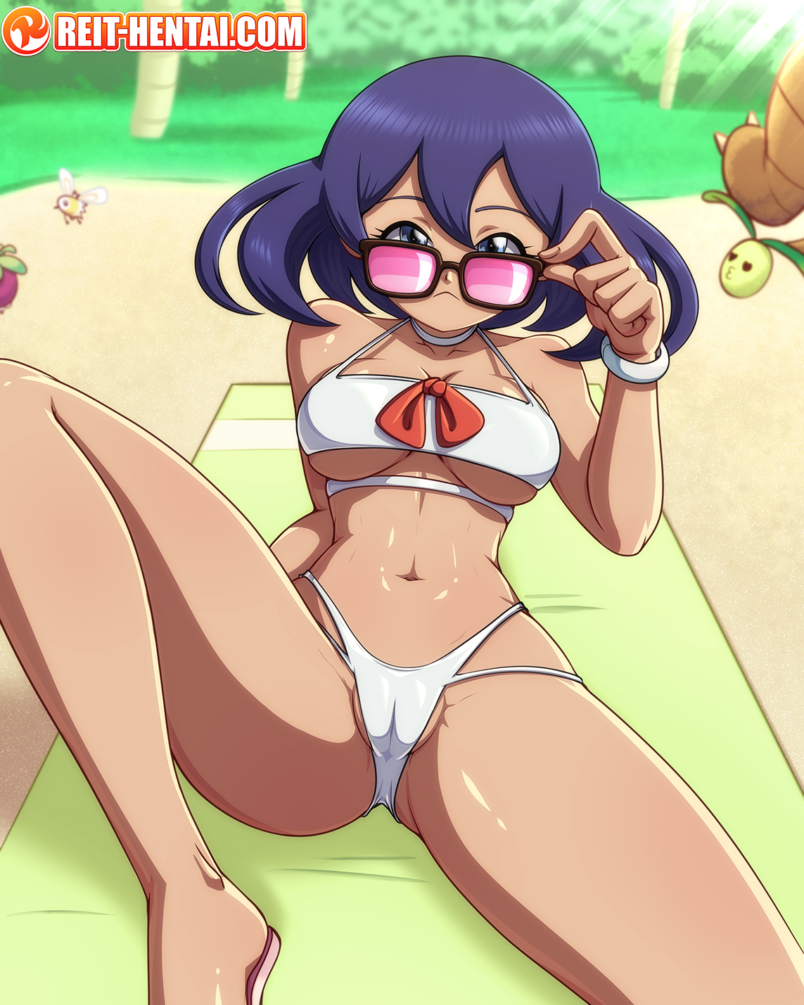 1girls, 4:5, adjusting eyewear, adjusting glasses, assistant pokemon professor, beach, big breasts, blue eyes, blue hair, breasts, cameltoe, dark skin, dark-skinned female, female, looking at viewer, looking over eyewear, looking over glasses, navel, one leg raised, pink-tinted eyewear, pokemon, pokemon (species), pokemon sm, pokemon usm, pussy, reit, rose tinted glasses, sina (pokemon), sunglasses, swimsuit, tinted eyewear, watermark