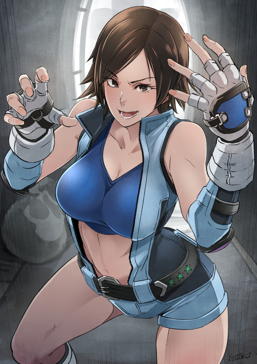 :d, bangs, bare shoulders, belt, black belt, blue sports bra, boots, breasts, brown eyes, brown hair, butcha-u, cleavage, collarbone, commentary request, cowboy shot, elbow pads, eyebrows visible through hair, female, fingerless gloves, gloves, highres, indoors, jumpsuit, kazama asuka, knee boots, large breasts, looking at viewer, lower teeth, midriff, namco, navel, open mouth, parted bangs, pink nails, short hair, short jumpsuit, sidelocks, signature, smile, solo, sports bra, standing, tekken, tomboy, unzipped, white footwear, white gloves