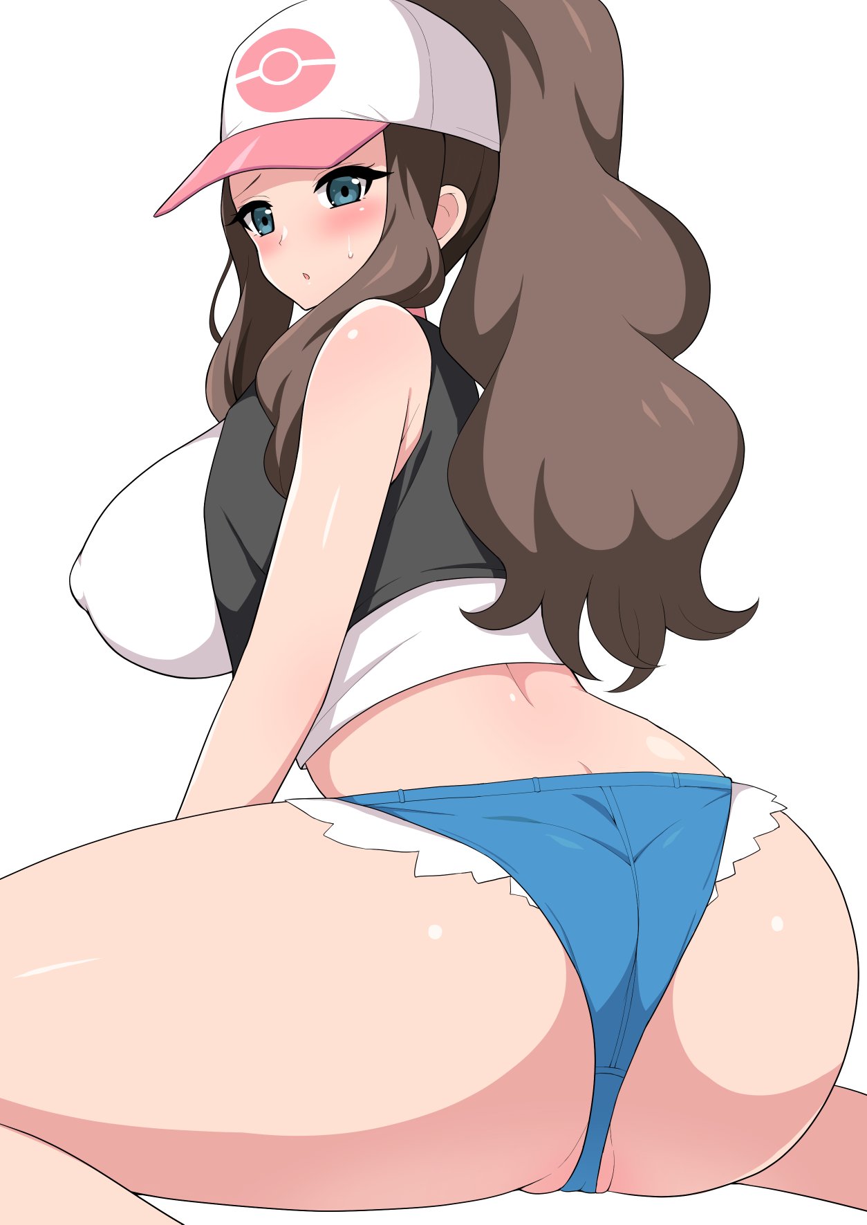 1girls, aikome (haikome), ass, ass hanging out of shorts, big ass, big breasts, blue eyes, blush, breasts, brown hair, cameltoe, female, haikome, hat, hilda (pokemon), large breasts, light skin, light-skinned female, long hair, minishorts, nintendo, nipple slip, pale skin, pale-skinned female, pokemon, pokemon bw, ponytail, pussy, short shorts, shorts, sideboob, sweat, thick ass, tight clothing, wariza, white background
