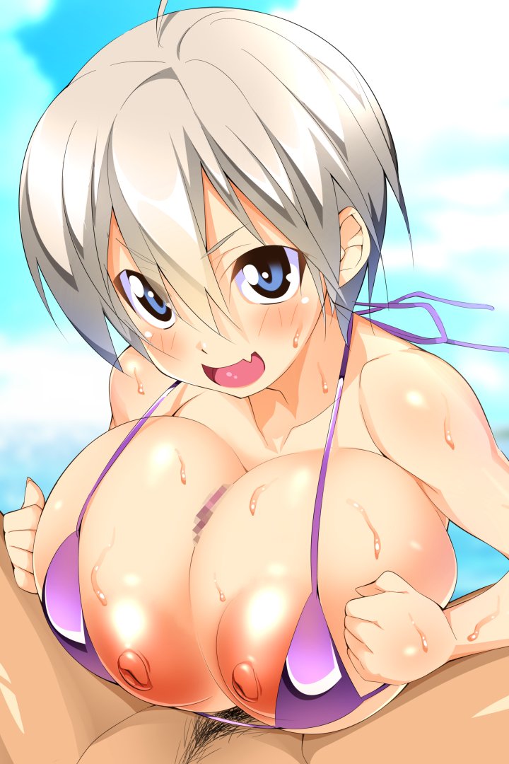 bikini, breasts, censored, female, large breasts, light skin, light-skinned female, makarou, male, nipples, paizuri, paizuri under bikini, pov, sakurai shinichi, short hair, straight, swimsuit, swimsuit paizuri, swimzuri, tip peeking, uzaki hana, uzaki-chan wa asobitai!