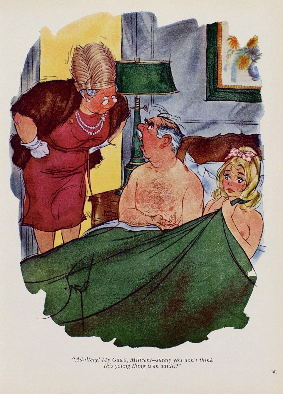 after_sex age_difference angry bed blonde_hair breasts cheating cheating_husband colored dialogue doug_sneyd embarrassed humor light-skinned_female nipples older_male page_181 straight text traditional_art traditional_media_(artwork)