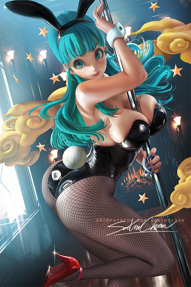 1girls, big breasts, breasts, bulma (bunny), bulma briefs, bunny costume, bunny ears, bunny girl, bunny tail, bunnysuit, cleavage, dragon ball, dragon ball (classic), female, female only, fishnet stockings, high heels, large breasts, looking at viewer, looking back, red heels, red high heels, sakimichan, shounen jump, solo, stripper, stripper pole, tagme, teenager