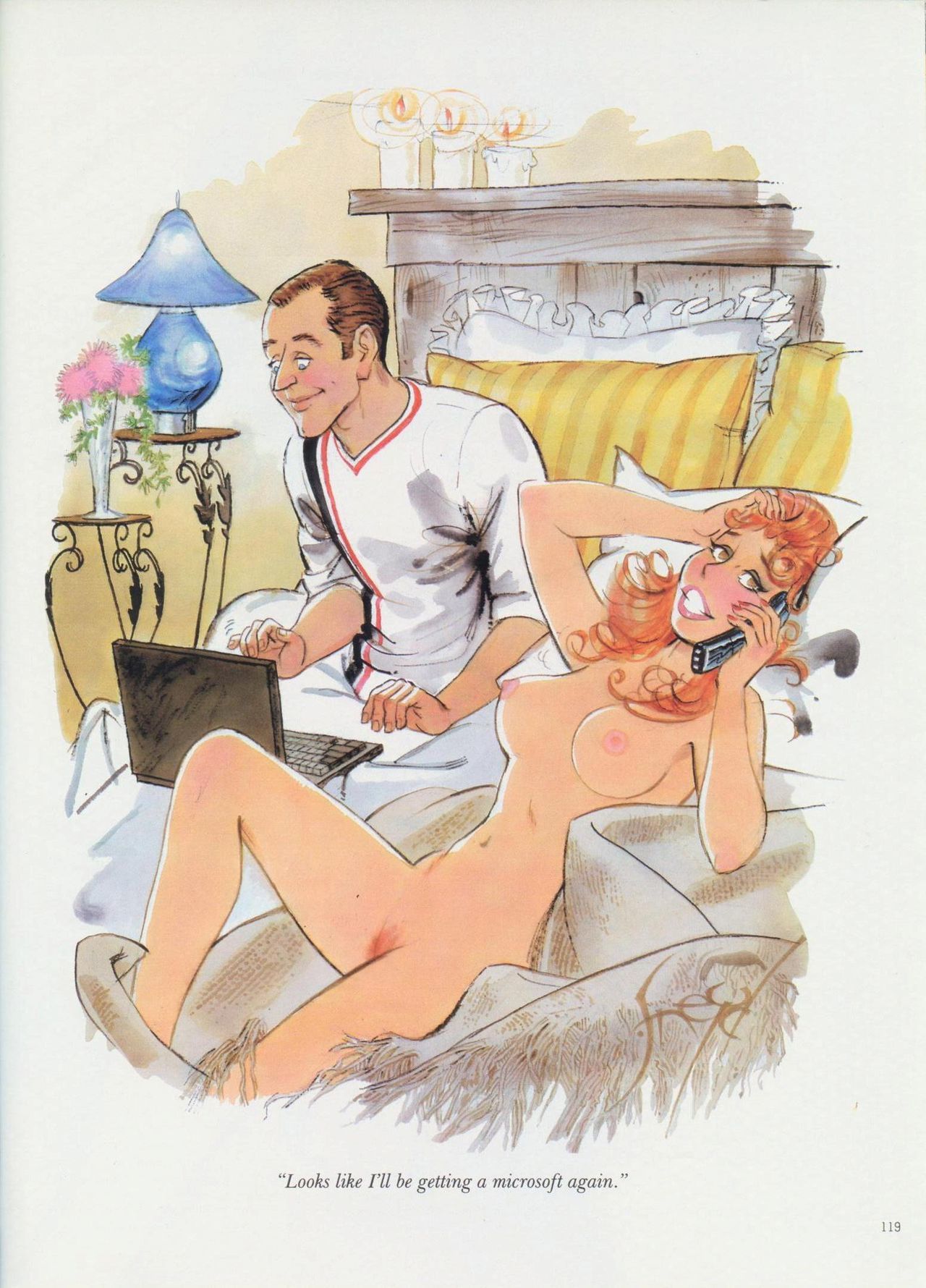 1boy 1girls breasts colored dialogue disappointed doug_sneyd female frustrated humor lying_down nipples nude nude_female page_119 pubic_hair red_hair straight talking_on_phone text traditional_art traditional_media_(artwork)