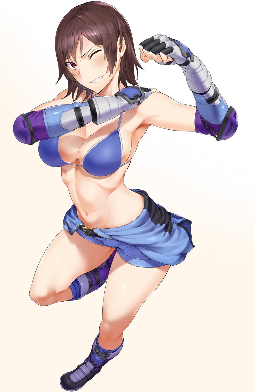 arm_up armpits belt bikini bikini_top blue_bikini blue_footwear blue_legwear blue_shorts boots breasts brown_hair cleavage clothes_around_waist elbow_pads female fingerless_gloves foreshortening full_body gloves gradient gradient_background grin hand_on_own_shoulder highres hiiragi_yuuichi kazama_asuka knee_boots kneehighs large_breasts looking_at_viewer midriff navel purple_eyes shirt shirt_around_waist short_hair short_shorts shorts simple_background smile solo standing standing_on_one_leg stomach swimsuit teeth tekken tetsuo_(tetuo1129) white_background