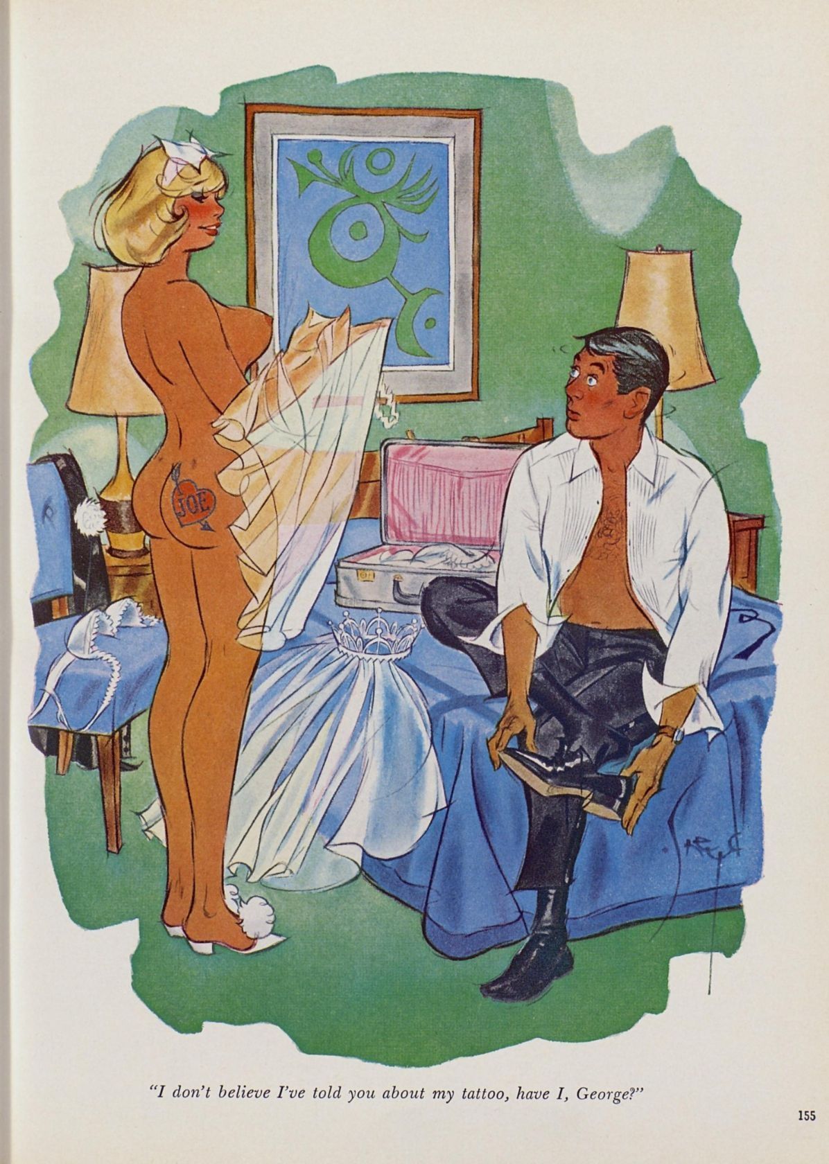 1boy 1girls ass_tattoo bed blonde_hair breasts colored dialogue doug_sneyd female heels honeymoon humor light-skinned_female newlyweds nipples page_155 straight text traditional_art traditional_media_(artwork) undressing