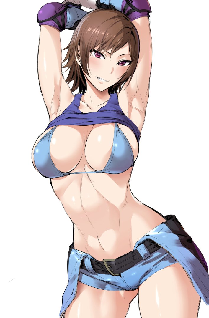 armpits, arms up, ass visible through thighs, belt, bikini, blush, breasts, brown eyes, brown hair, elbow pads, female, grin, groin, hiiragi yuuichi, kazama asuka, large breasts, looking at viewer, namco, navel, shiny, shiny skin, short hair, short shorts, shorts, simple background, smile, solo, stomach, swimsuit, tank top lift, tekken, tetsuo (tetuo1129), tsurime, white background
