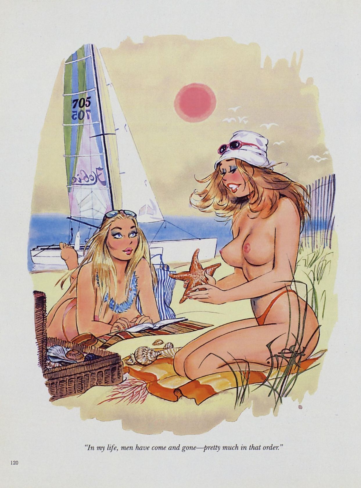 2girls beach bikini blonde_hair breasts brown_hair caption casual colored dialogue doug_sneyd female female_only human humor light-skinned_female nipples nonsexual_nudity outdoors page_120 pale_skin public sand starfish straight sunglasses_on_head text topless traditional_art traditional_media_(artwork) vintage year_request