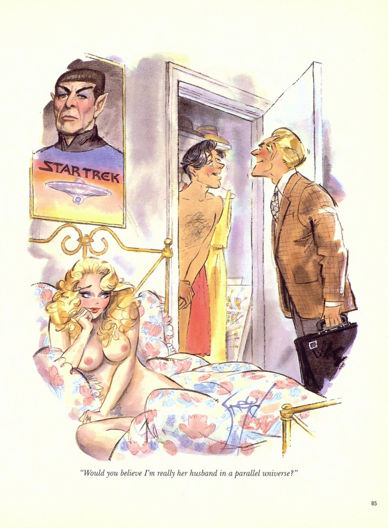 bed blonde_hair breasts caught_in_the_act cheating cheating_wife clothed_male_nude_female colored dialogue doug_sneyd embarrassed female humor light_skin male mop_top nipples nude_female nude_male page_85 pointy_ears poster_(decoration) spock star_trek text traditional_art traditional_media_(artwork) vulcan_(species)