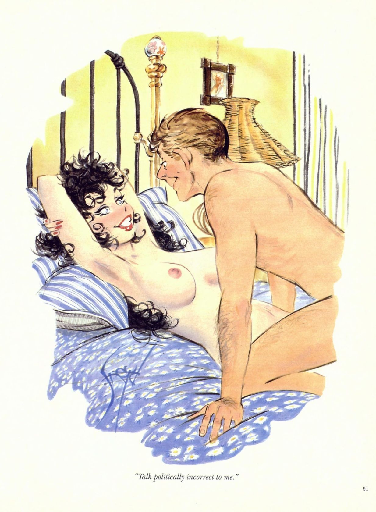 1boy 1girls bed black_hair blue_eyes breasts colored curly_hair dialogue doug_sneyd female humor indoors lipstick lying_down lying_on_bed nipples nude nude_female page_91 political_correctness straight traditional_art traditional_media_(artwork)