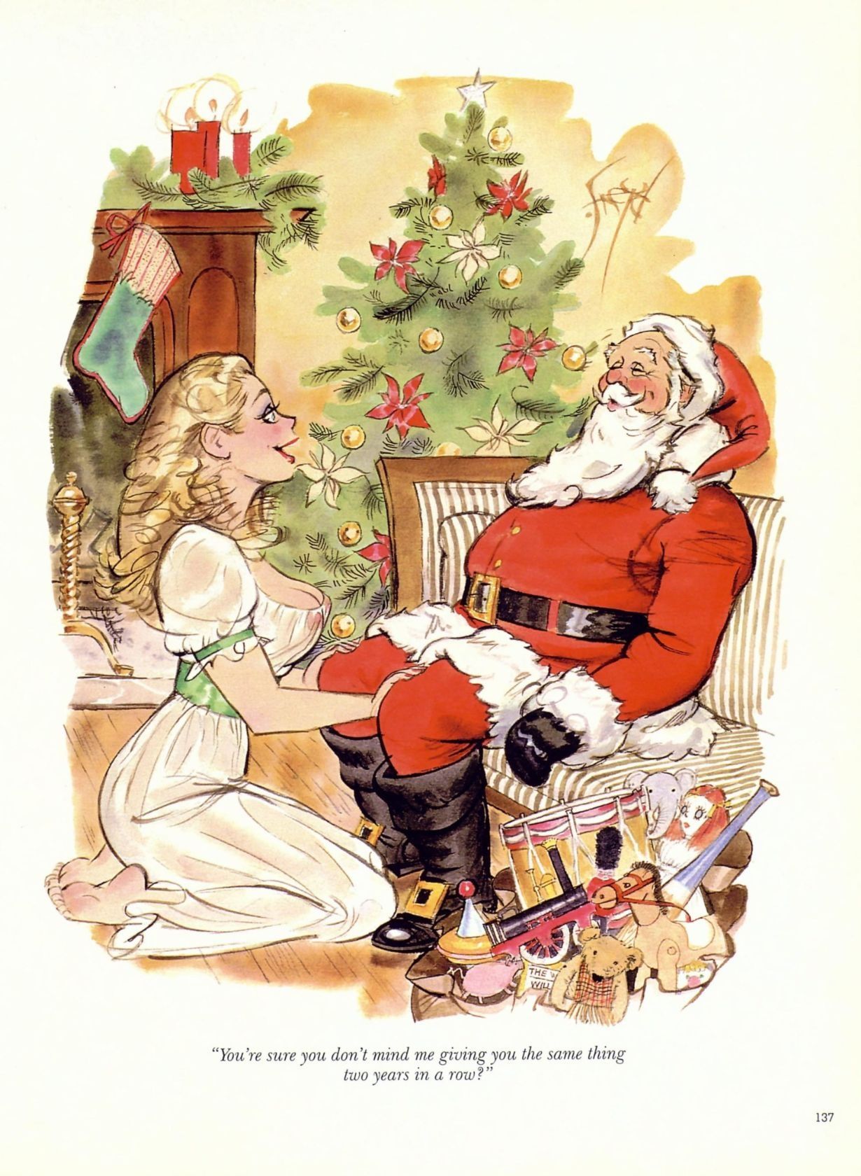 1boy 1girls age_difference blonde_hair breasts christmas christmas_outfit christmas_present christmas_tree colored doug_sneyd female humor imminent_oral imminent_sex kneeling nightgown nipples nipples_visible_through_clothing nonude older_male page_137 santa_claus see-through_clothing sexually_suggestive sitting straight text traditional_art traditional_media_(artwork) vintage year_request younger_female