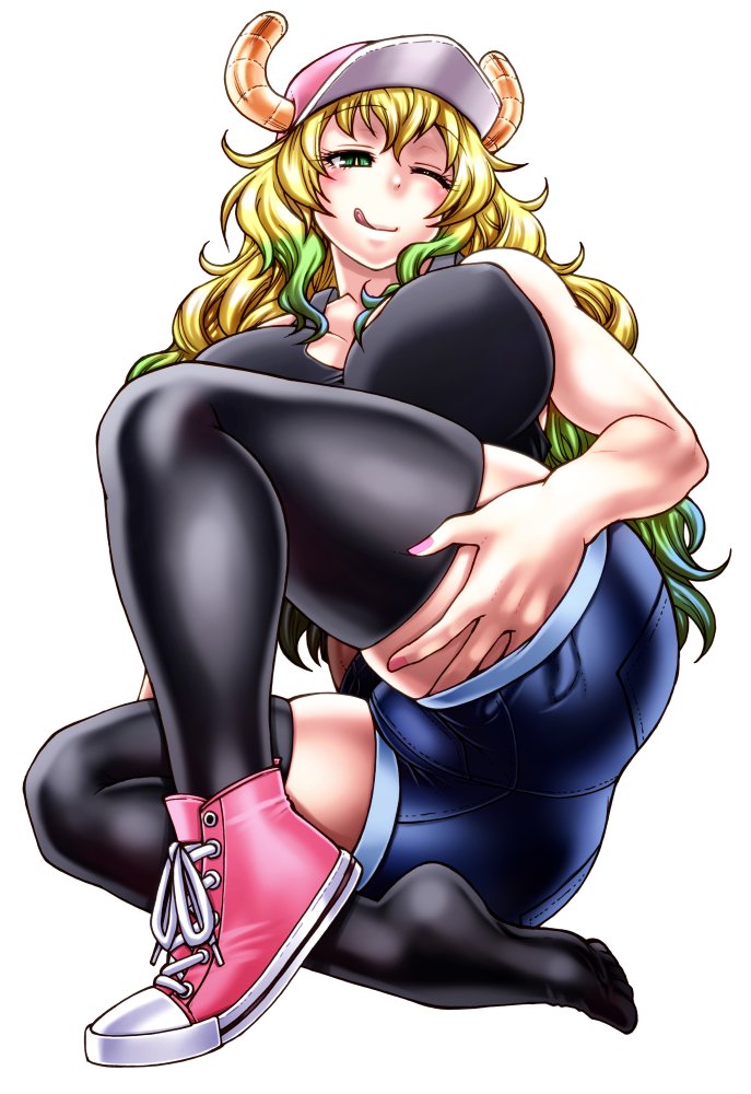 barefoot baseball_cap big_breasts black_thighhighs blonde_hair chiba_toshirou converse denim_shorts dragon_girl dragon_horns erect_nipples eyebrows_visible_through_hair gradient_hair green_eyes holding_thigh horns licking_lips light_blush long_hair looking_at_viewer lying_on_side messy_hair miss_kobayashi's_dragon_maid monster_girl multicolored_hair one_eye_closed pink_hat pink_nails pink_shoes pussy_bulge quetzalcoatl_(dragon_maid) shiny shiny_hair shiny_skin sneakers solo thick_thighs thighhighs white_background yellow_eye