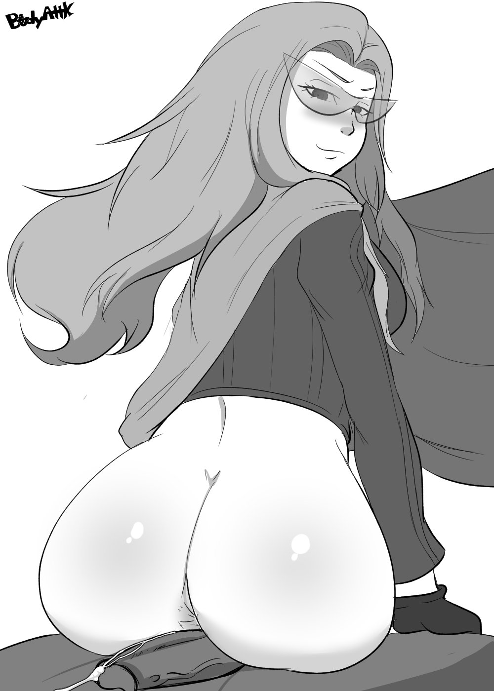 ass asshole big_ass big_penis black_and_white black_penis blonde_hair bodyattk buttjob cum green-tinted_eyewear interracial megami_tensei nozomi nozomi_(shin_megami_tensei_iv_final) shin_megami_tensei shin_megami_tensei_iv shin_megami_tensei_iv_final sunglasses tinted_eyewear visor white_skin