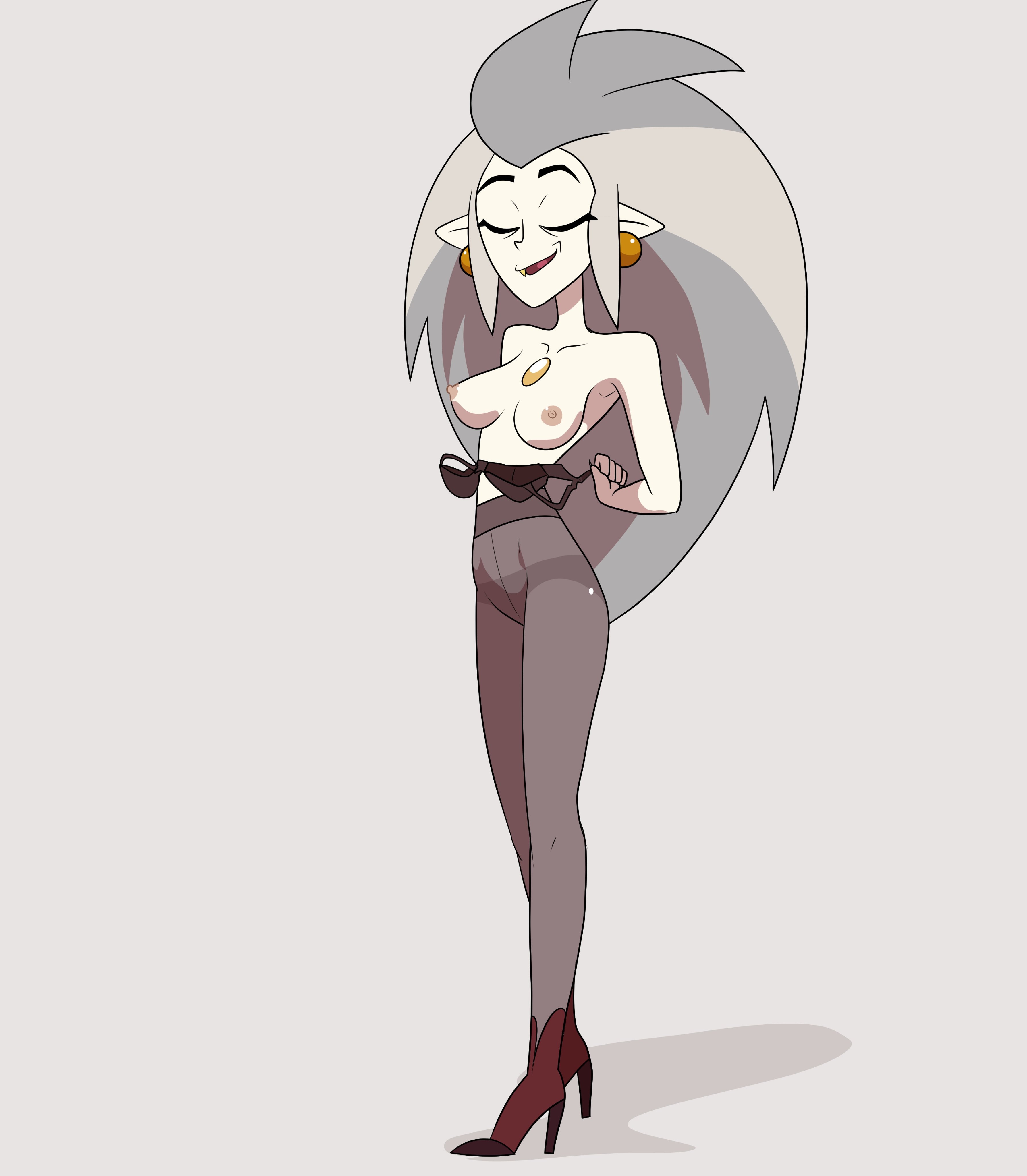1girls, big hair, bra, breasts, closed eyes, disney, disney channel, drpizzaboi1, earrings, eda clawthorne, erect nipples, female, female only, heels, high heel boots, high heels, nipples, oerba yun fang, pale skin, plain background, smile, smooth skin, solo, stockings, the owl house, topless, underwear, undressing, white hair, witch