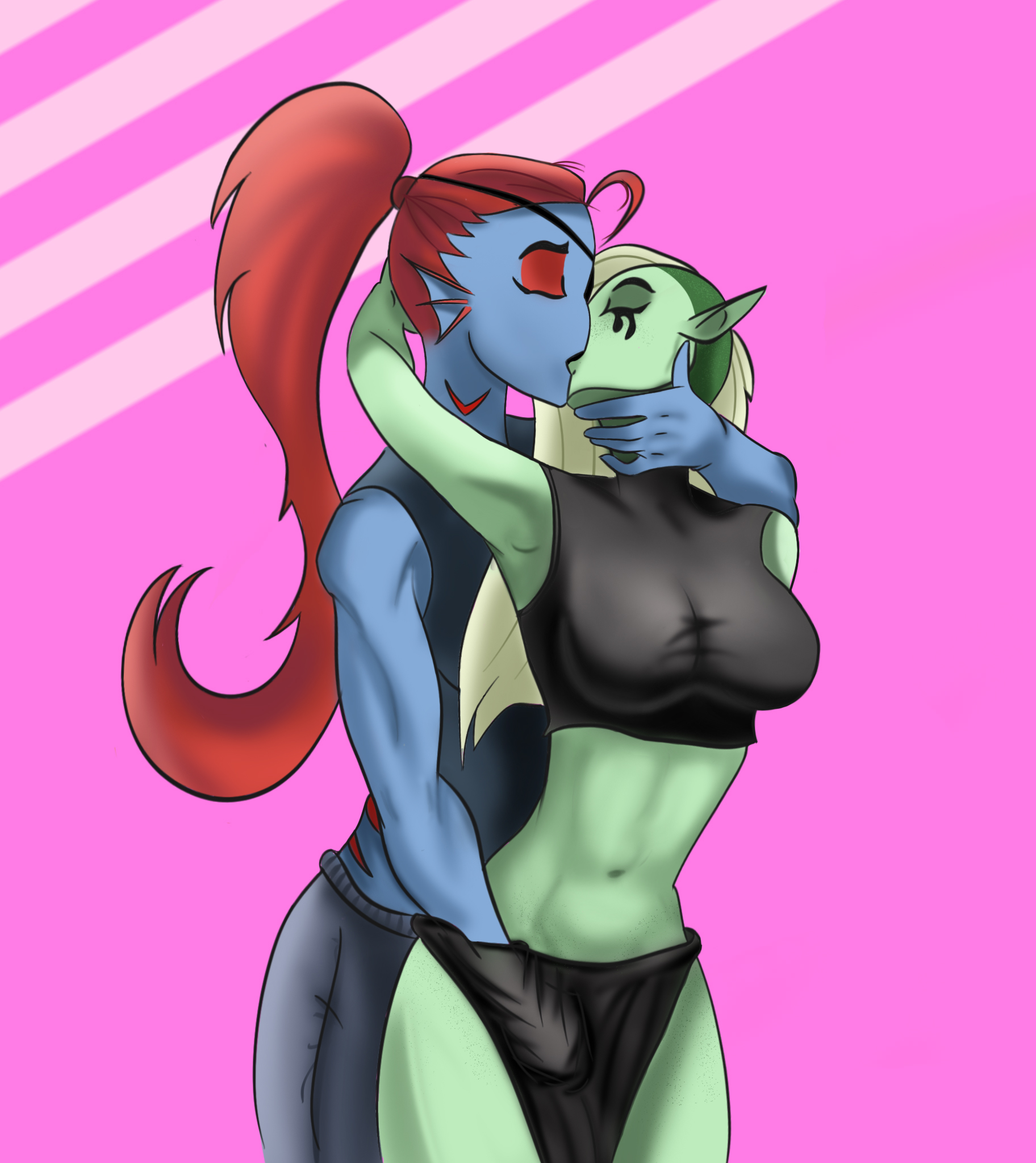 2girls, alien, black lipstick, closed eyes, clothed, clothed sex, clothes, clothing, crossover, crossover pairing, disney, eye patch, female, female only, female/female, fingering, fingering through clothes, gorbathechef, green skin, hand on another's head, hand on neck, hourglass figure, humanoid, kissing, legs, lipstick, long hair, lord dominator, multiple females, multiple girls, muscular, muscular female, pointy ears, ponytail, sports bra, standing, thick thighs, undertale, undyne, wander over yonder, wide hips, yuri