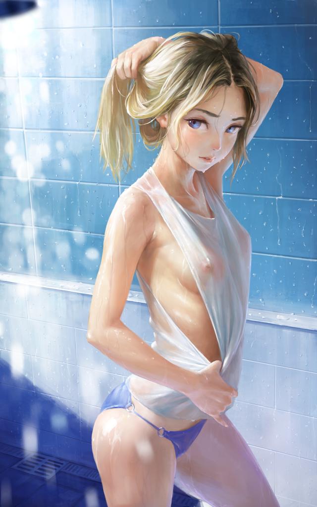 1girls, bathroom, blonde hair, blue eyes, breasts, female, partially clothed, ponytail, shower, tagme, water drop