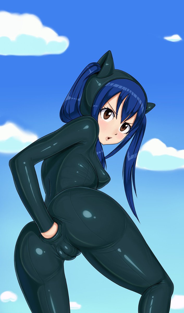 :o, 1girls, anal fisting, anal through clothes, anus, ass, autofisting, blue hair, blush, bodysuit, breasts, brown eyes, cameltoe, cat ears, catsuit, clothed, enenra, erect nipples, erect nipples under clothes, fairy tail, female, female focus, female only, fisting, hair ornament, jiggle butt gang, latex, looking at viewer, looking back, nipples, outdoors, pussy, twintails, uncensored, wendy marvell