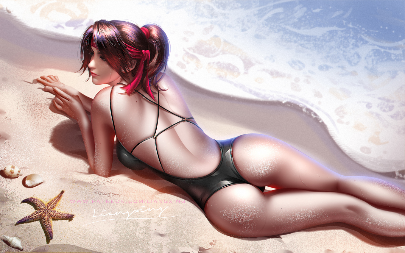 1girls, ass, beach, bikini, breasts, brown eyes, brown hair, female, female only, final fantasy, final fantasy vii, final fantasy vii remake, jessie rasberry, liang xing, ocean, one-piece swimsuit, pinup, square enix, swimsuit, water