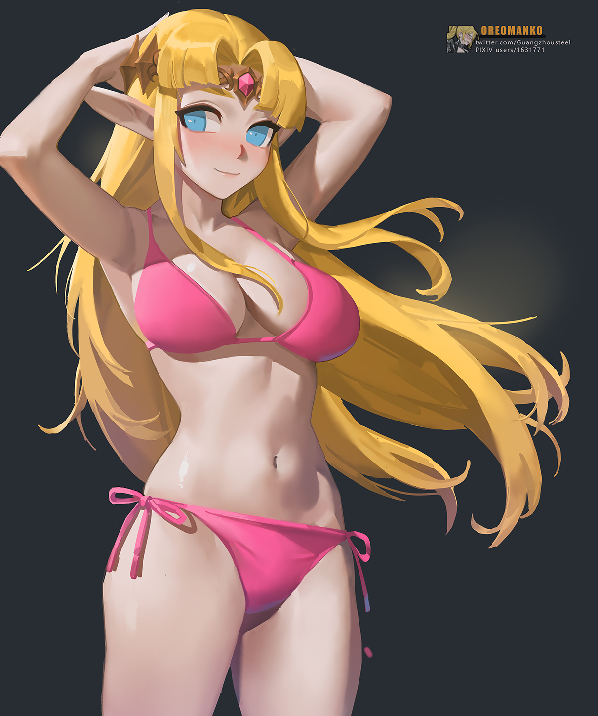 arms up, bikini, blonde hair, blue eyes, blush, breasts, female, female only, hands behind head, long hair, looking at viewer, medium breasts, oreomanko, pink panties, princess zelda, side-tie bikini, smile, solo, string bikini, the legend of zelda, zelda (a link between worlds)