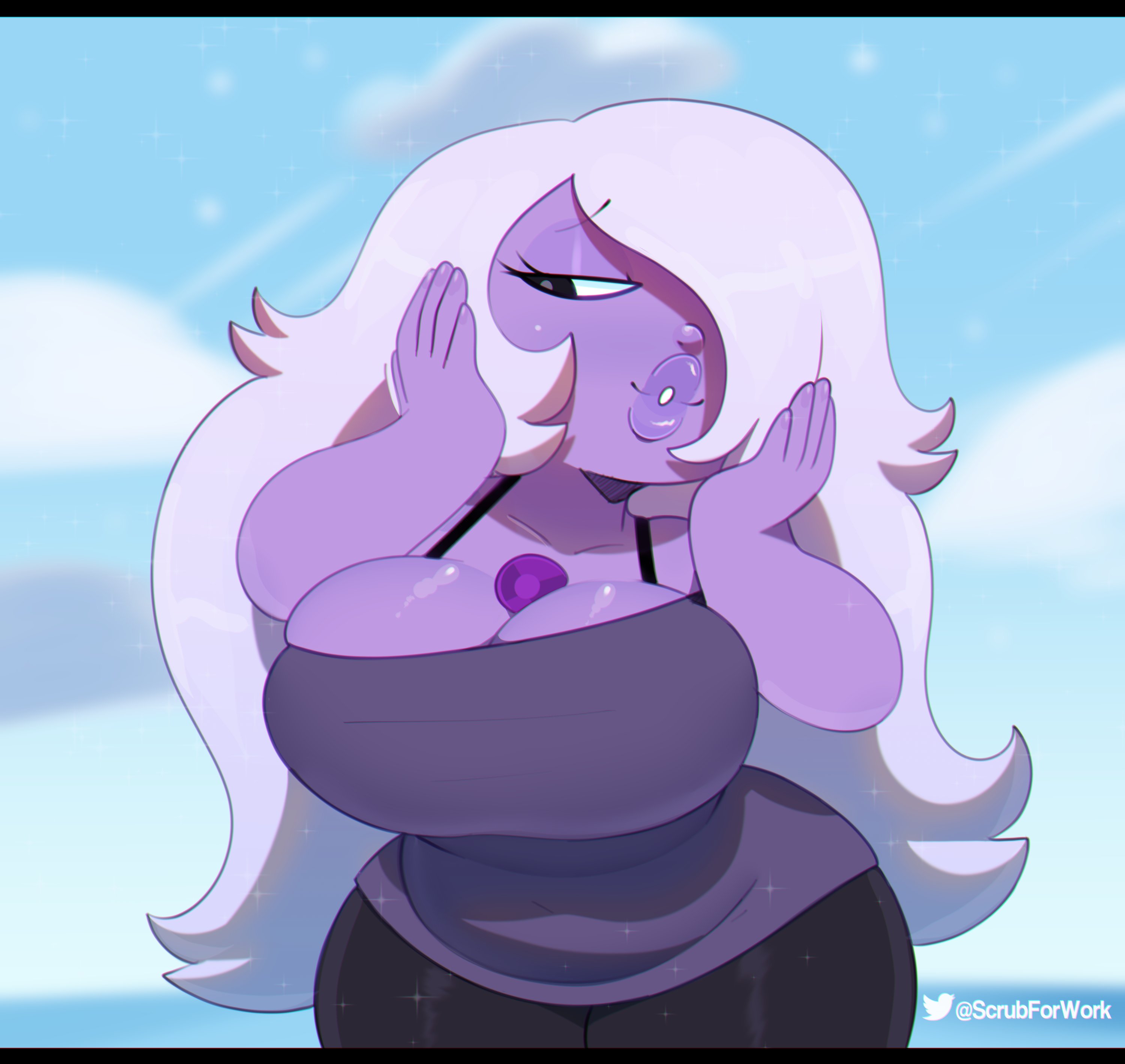1girls, 5 fingers, amethyst (steven universe), big breasts, big lips, black eyes, breast squish, breasts, cartoon network, chubby, cleavage, clothed, clothing, cloud, curvy, female, female only, gem, gem (species), hair, hair over one eye, half-closed eyes, huge breasts, humanoid, large breasts, lips, long hair, looking down, one eye covered, plump lips, purple lips, purple skin, raised eyebrows, seductive, seductive smile, shortstack, simple background, slightly chubby, smile, solo, solo female, somescrub, standing, steven universe, thick lips, thick thighs, watermark, white hair, wide hips