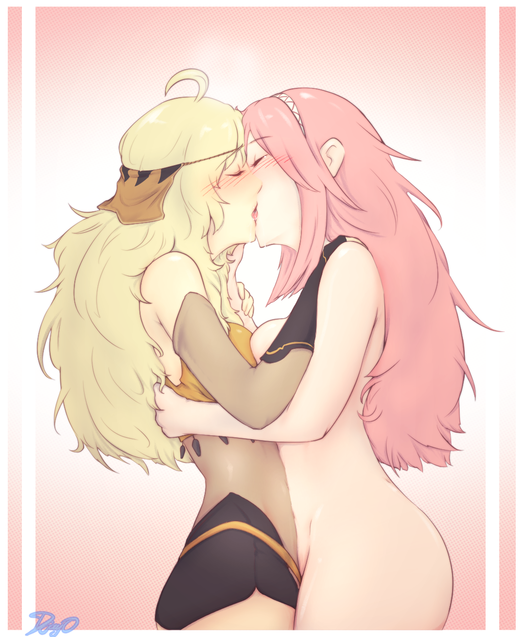 2girls, ass, bare shoulders, big ass, blonde hair, blush, bodysuit, closed eyes, djayo, female, female only, fire emblem, fire emblem fates, french kiss, kissing, long hair, midriff, mostly nude, multiple females, multiple girls, nintendo, nude, nude female, ophelia (fire emblem), partially clothed, pink hair, saliva, saliva trail, soleil (fire emblem), thighs, yuri