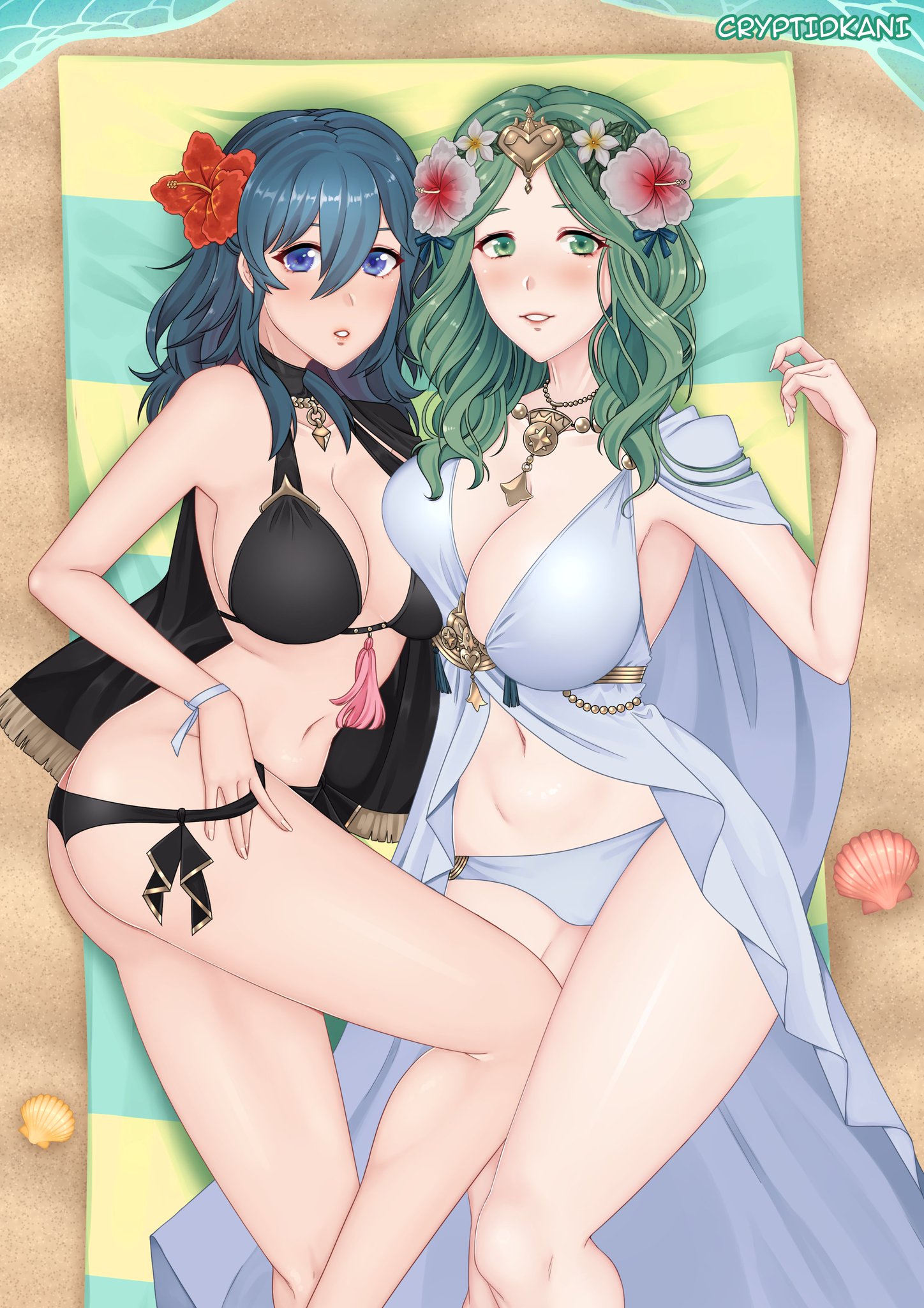 2girls, adjusting clothes, alternate version available, artist name, asymmetrical docking, beach, bikini, black bikini, black swimsuit, blue eyes, breasts, byleth (fire emblem), byleth (fire emblem) (female), byleth (summer) (fire emblem) (female), cryptid (artist), cryptid crab, female, female only, female/female, fire emblem, fire emblem heroes, fire emblem: three houses, flower, flower in hair, green eyes, green hair, large breasts, long hair, looking at viewer, multiple females, multiple girls, nintendo, official alternate costume, revision, rhea (fire emblem), rhea (summer) (fire emblem), seaside, shell, swimsuit, teal hair, towel, water, white bikini, white swimsuit, yuri