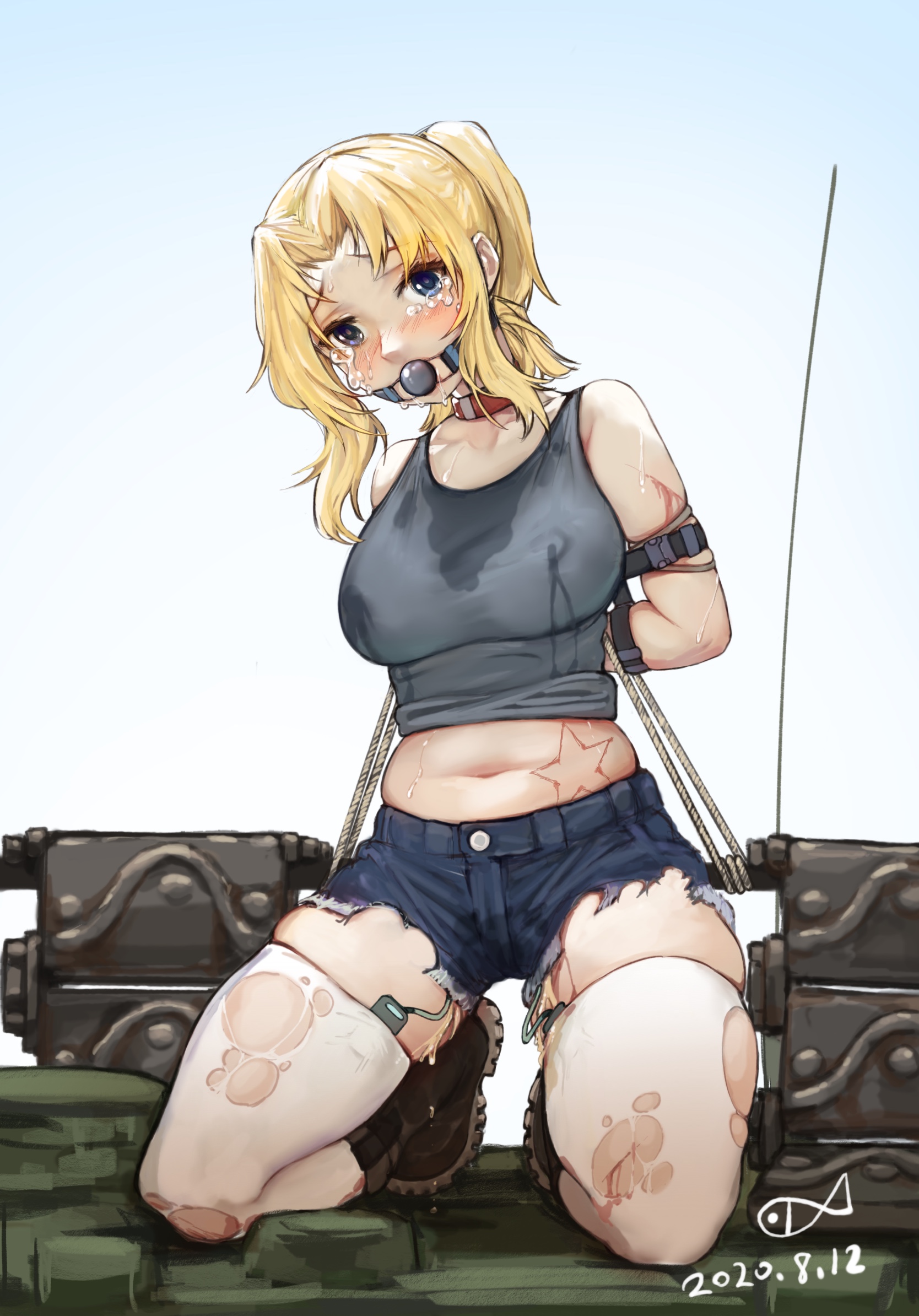 1girls, arms behind back, ball gag, belly, blonde hair, blue eyes, bondage, boots, clothing, collar, crying, crying with eyes open, female, female focus, female only, femsub, gag, gagged, girls und panzer, gradient background, helpless, hotpants, kay (girls und panzer), kneeling, lactating, lactation, lactation through clothes, lactation without expressing, looking at viewer, midriff, navel, nipple bulge, nipples, pawprint, pussy, pussy juice, pussy juice stain, ray (pixiv9514208), remote control vibrator, ripped clothing, ripped pants, rope, rope bondage, shorts, simple background, skindentation, star, submissive, submissive female, sweat, sweat stain, tears, thighhighs, tied down, torn clothes, vibrator, vibrator under clothes, watermark